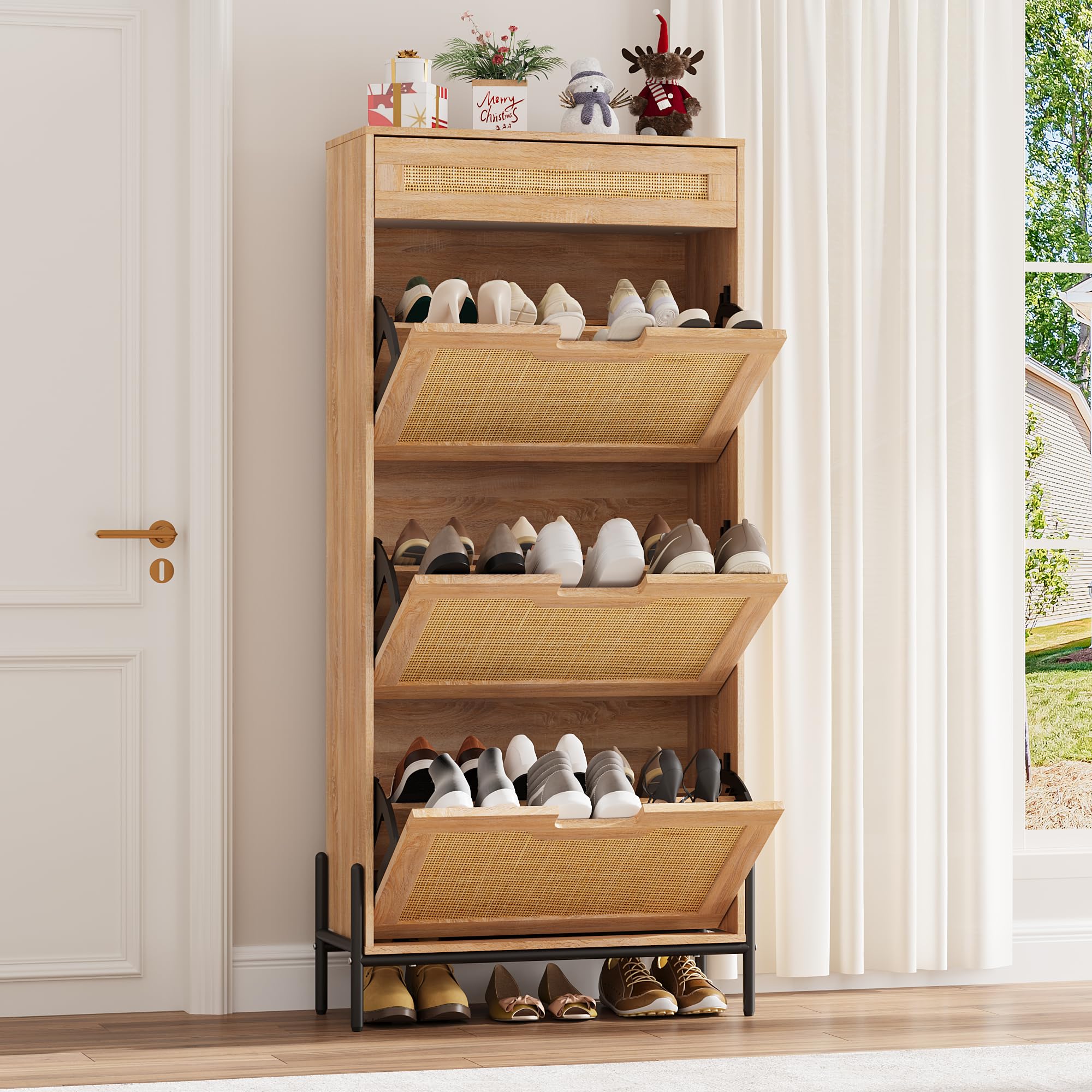 Pine Village（パインヴィレッジ） / Slipper Rack A GarveeHome Natural Rattan Shoe Cabinet with 3 Flip Doors and 1