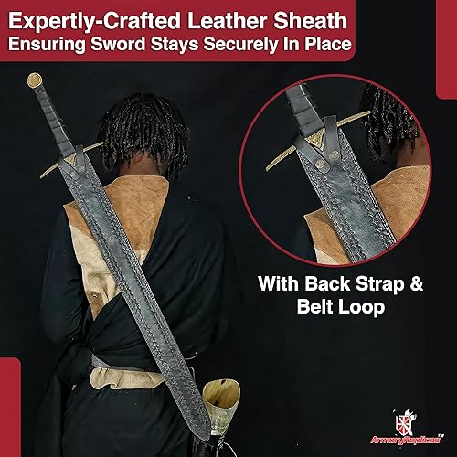 Miniatura 5 de s Viking Einherjar Espada de espiga completa - Hoja de acero de Damasco (400-520 capas) con mango envuelto en cuero, protector de latón y pomo,