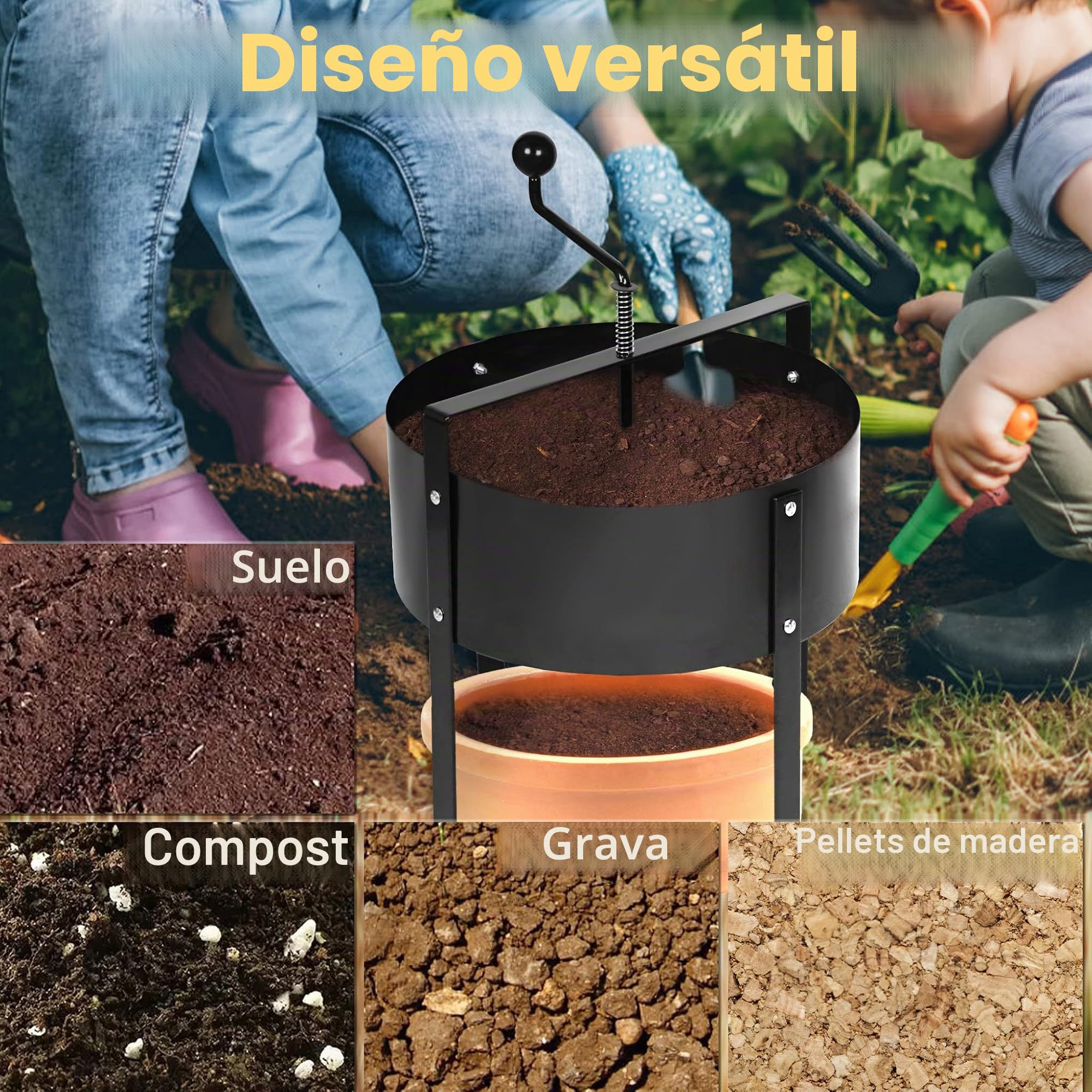 UISEBRT Tamiz para jardín, colador de suelo, colador de manivela, diámetro de 40 cm, colador de metal para tierra, piedras, compost de malas hierbas, arena, negro