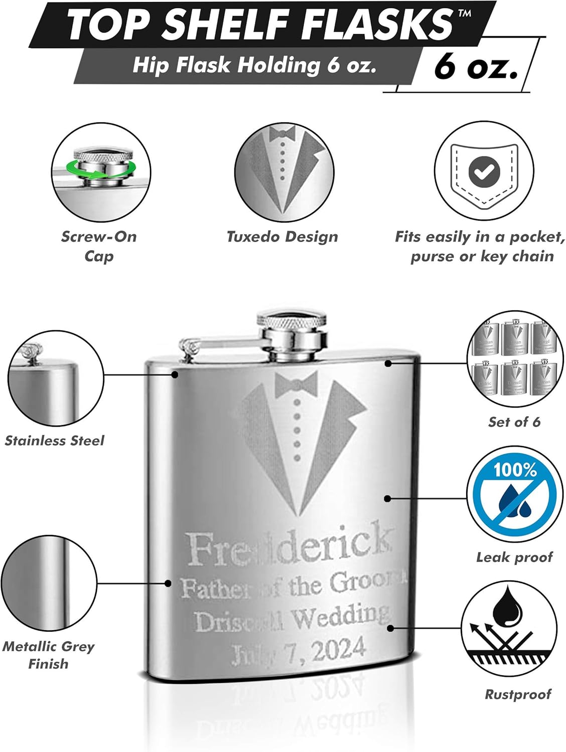 Top Shelf Flasks 6oz - Custom - Tuxedo - 6 Pack Hip Flask - Custom Engraving - Screw-On Leak Proof Cap - Bachelorette Party Favors - Groomsmen Gifts - 6-PACK in Stainless Steel