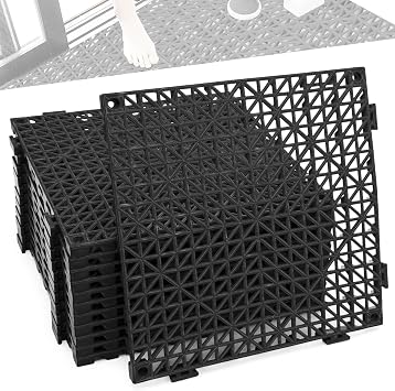 12 Pcs Drainage Mat Modular Interlocking Cushion 11.8" x 11.8" Garage Floor Tiles Non-Slip Splicing Rubber Floor Tiles for Drain, Deck, Pool, Outdoor/Indoor Black