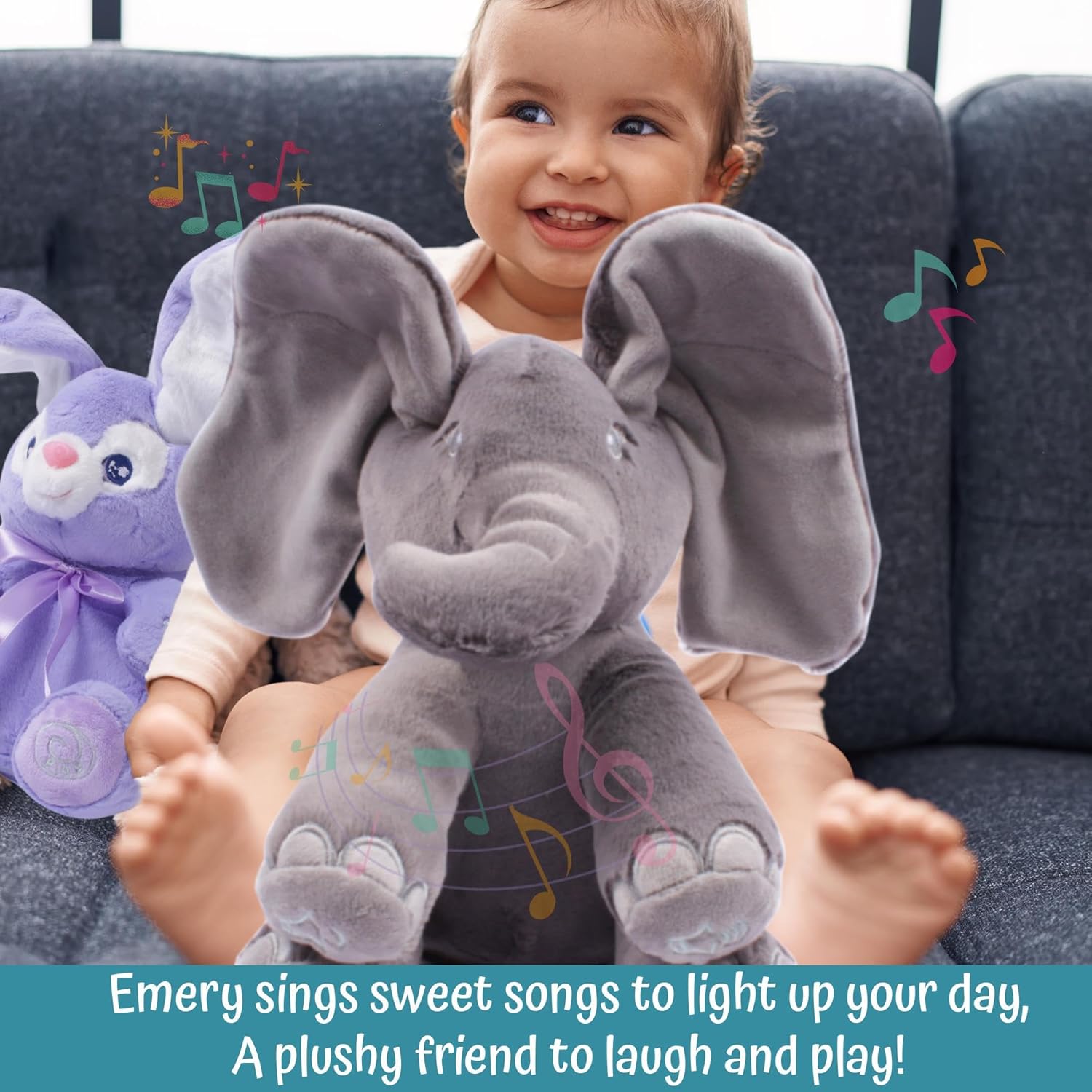 Dimple Emery Peek A Boo Elephant Toy, Interactive Singing Stuffed Elephant Plush with Moving Ears, Musical Stuffed Animal for Babies and Toddlers, Adorable Baby Toy - Adorable Gift for Grandchild