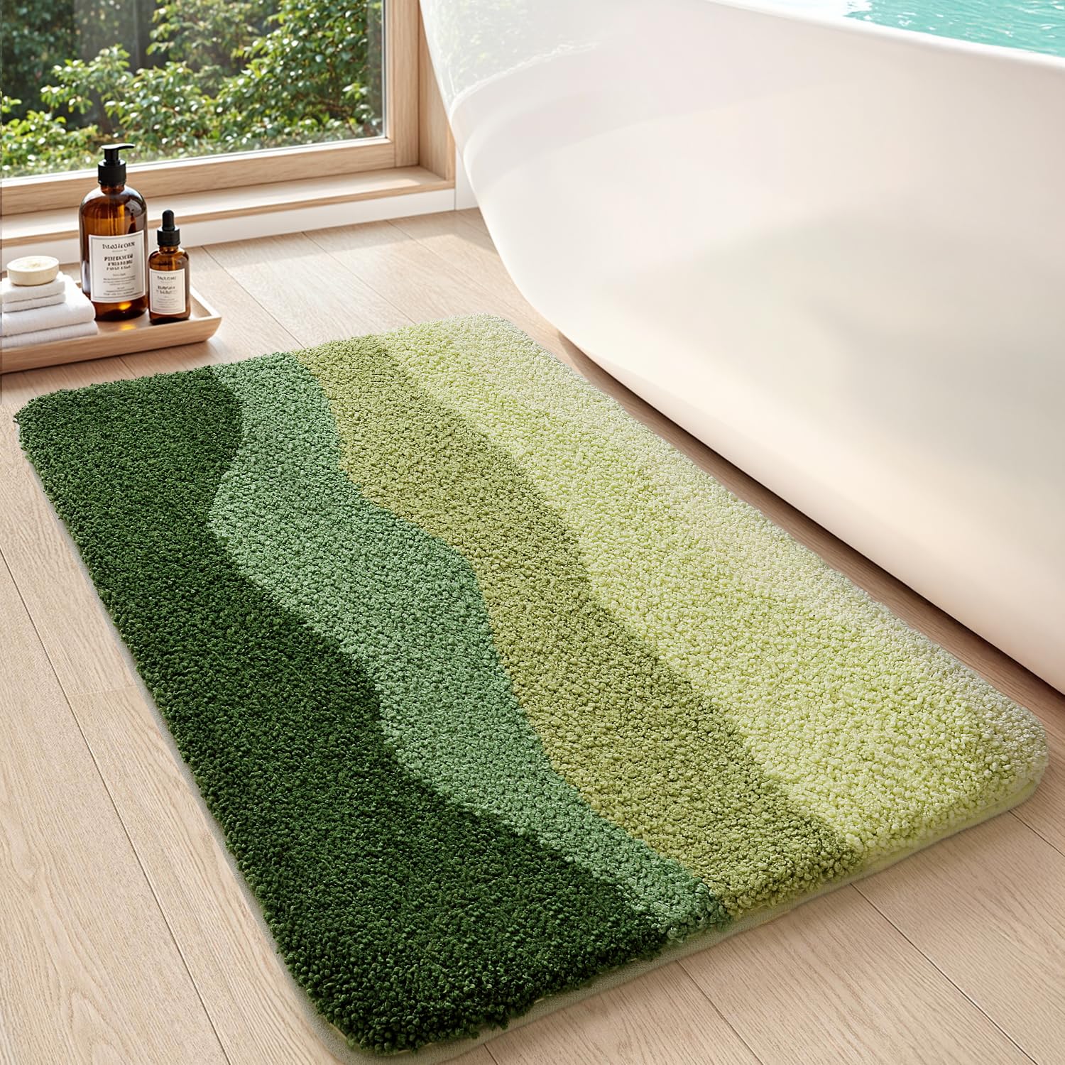 DEXI Bathroom Mat 50 x 80 cm, Non Slip and Absorbent, Green Woodland