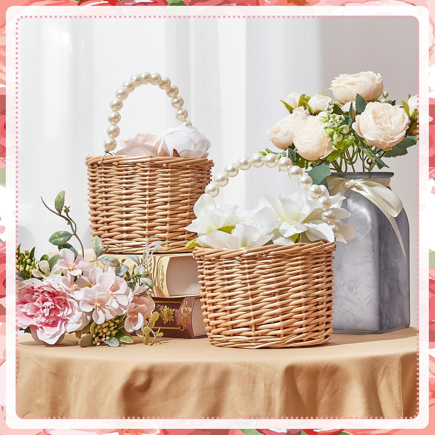 Soaoo Set of 4 Wicker Rattan Flower Girl Basket, Pearl Handle Flower Basket, Rose Petals Easter Eggs Candy Storage for Rustic Wedding and Home Decorations (Without Ribbon Bow)