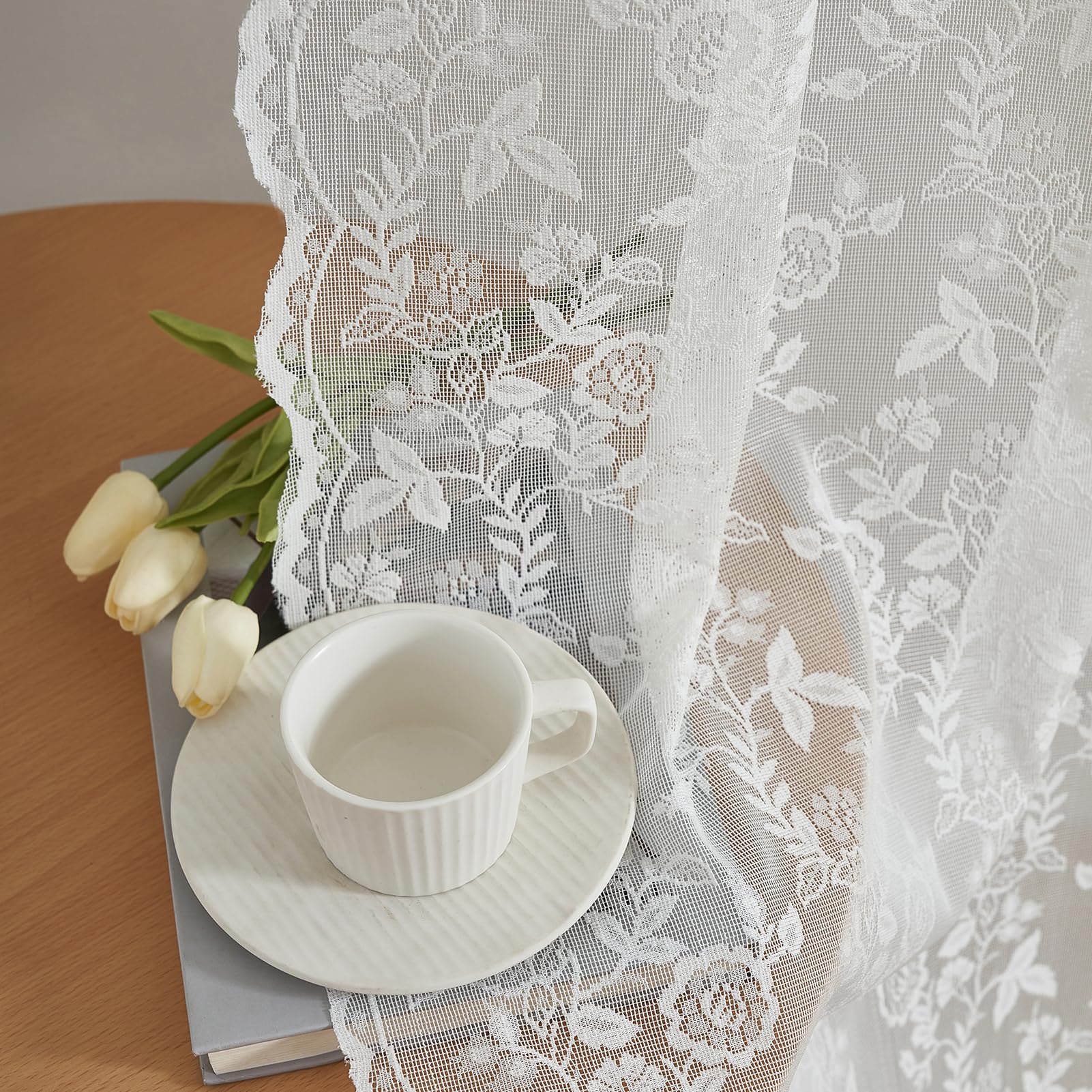 FINECITY Short Lace Curtains 36 Inch Length for Small Window, Rustic Leaf Floral Design Lace Cafe Curtains 2 Panels, Rod Pocket Privacy Sheer Lace Curtains, 42 x 36 Inch, 1 Pair, Ivory