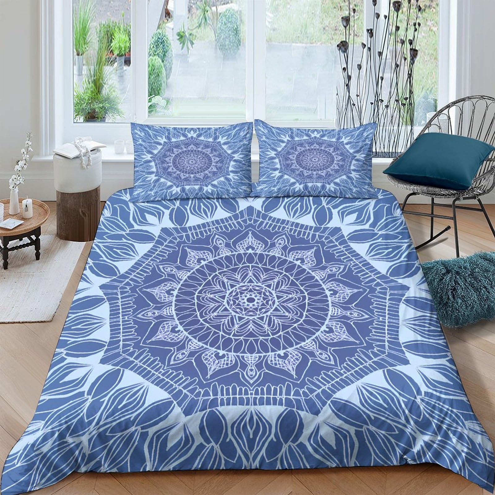 Ctjqhvkz Style-3 3D Printed Mandala Blue Fitted Sheet Microfiber Soft Breathable Lotus Pattern Mattress Cover For Bedroom Dorm Decor Single（135X200cm）