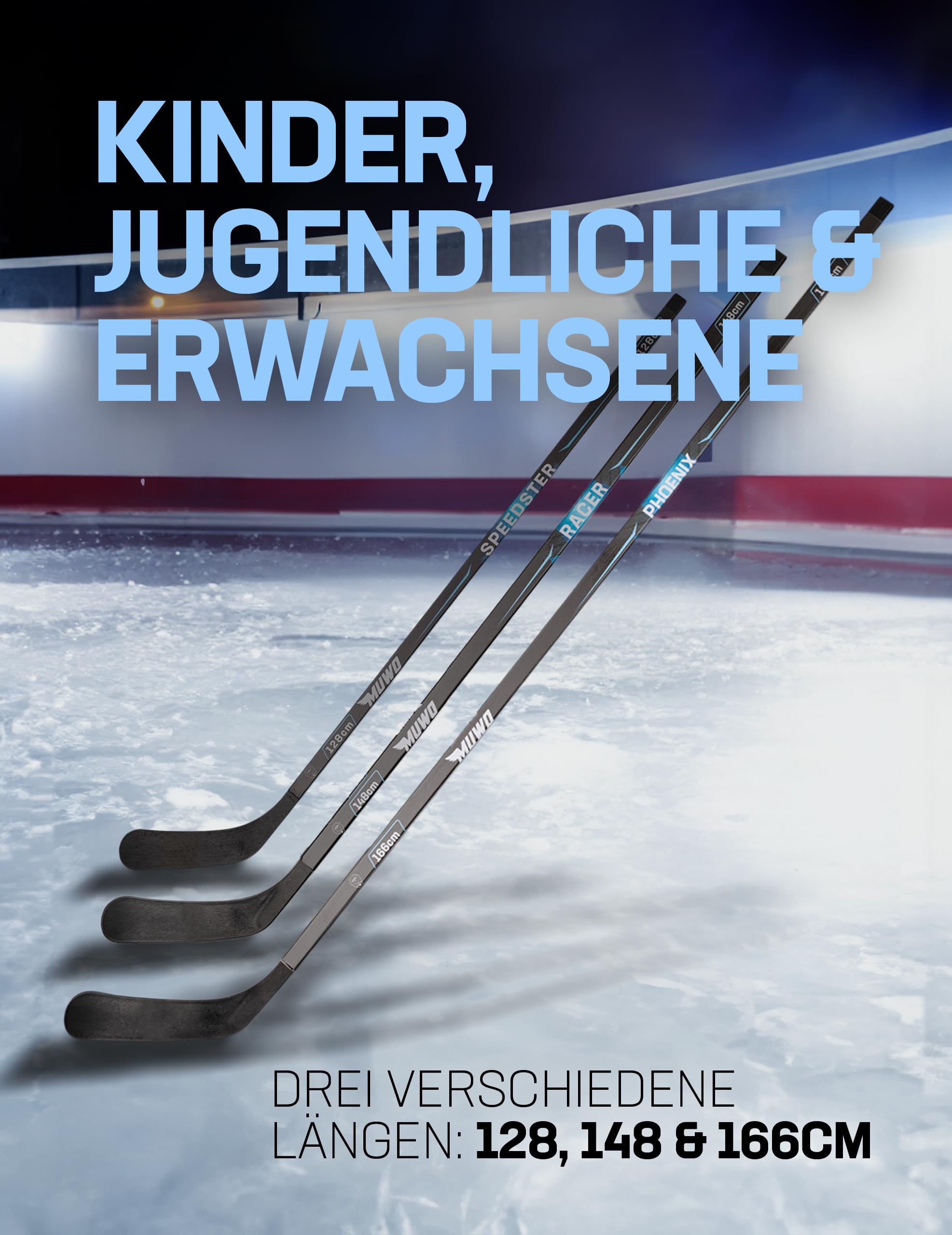 MUWO Mazza da hockey su ghiaccio per bambini, adolescenti, adulti, in legno di betulla per principianti ed esperti, nelle lunghezze 128, 148 e 166 cm, colore nero