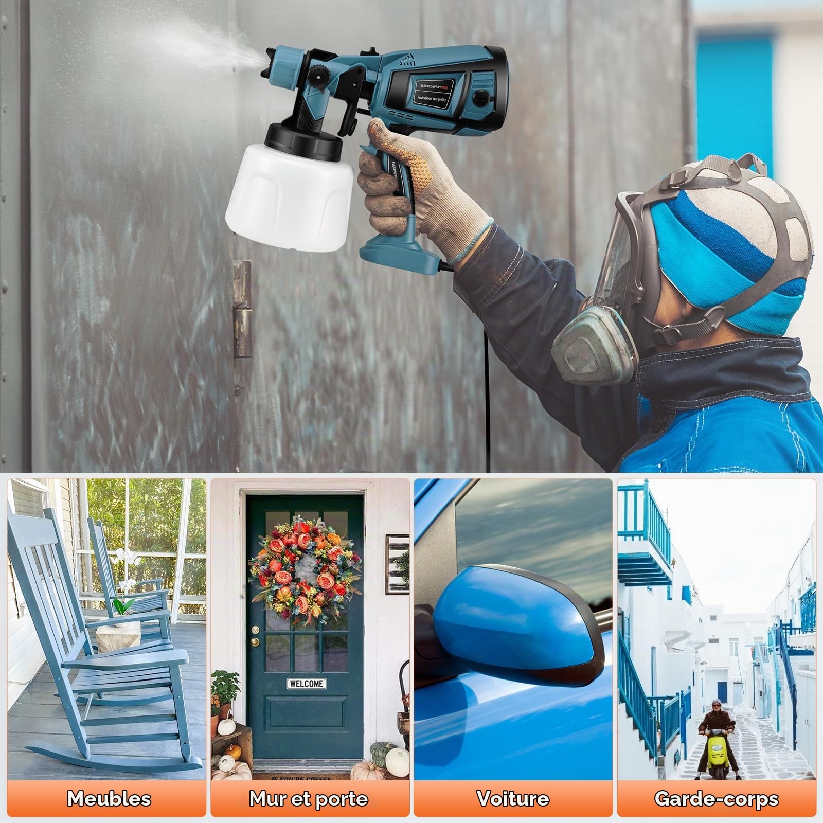 Pistolet a Peinture, Pistolet Électrique 800W, 5 Buses en Cuivre d'une Capacité de 1400ML Pulvérisateurs de Peinture, Adapté aux Murs, Clôtures et Plafonds