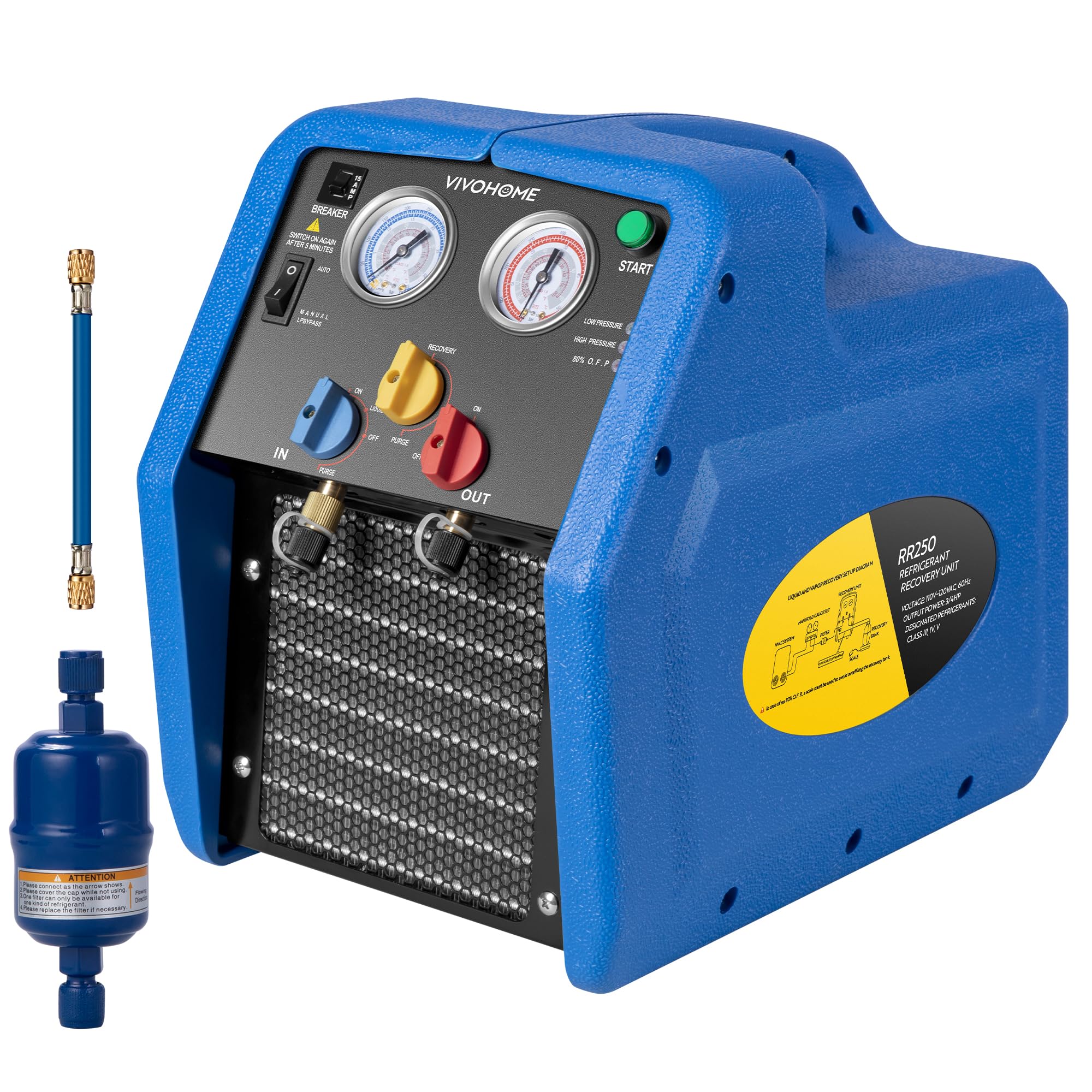 VIVOHOME R1234yf R32 R454B 3/4 HP Portable Refrigerant Recovery Machine Oil-Less, Freon Recycling Unit HVAC for Vapor Liquid Refrigerant, Car Air Conditioning