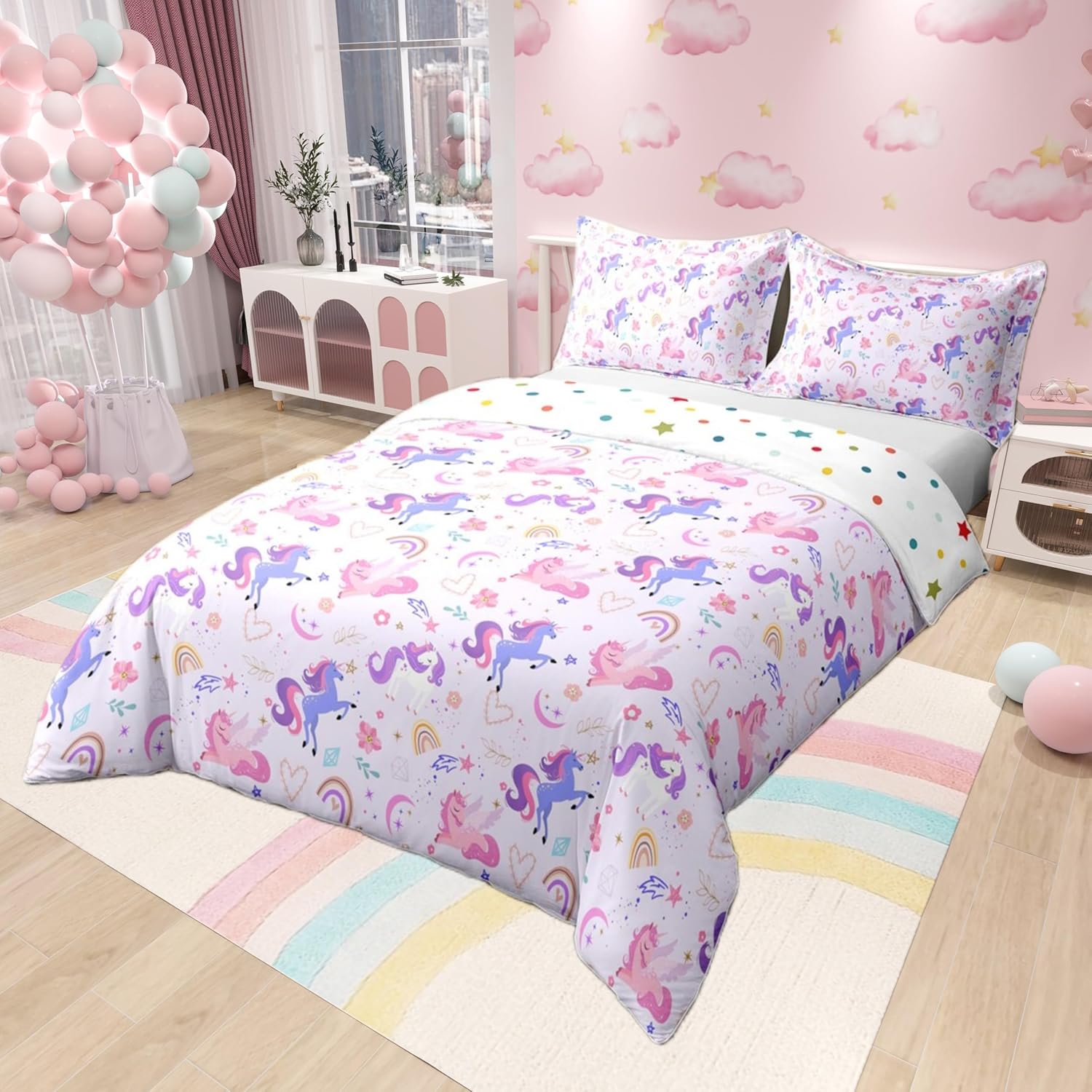 100% Nature Cotton Purple Unicorn Duvet Cover Twin,Dreamy Rainbow Pink Flowers Super Soft Bedding Set,Girls Room Decor Moon Star Love Hearts Comforter Cover Bedding 2 Piece (No Comforter)