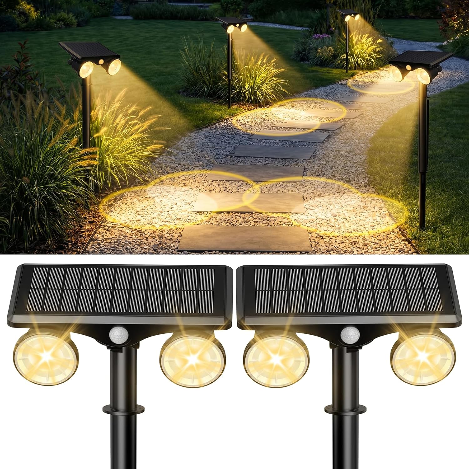 Solar Spot Lights Outdoor Waterproof 2Pack,2 Modes Motion Sensor Landscape Lighting for Outside Yard Garden Pathway,2-in-1 Wall&Spot LED Lights with 360° Adjustable Dual Heads(Warm Light)