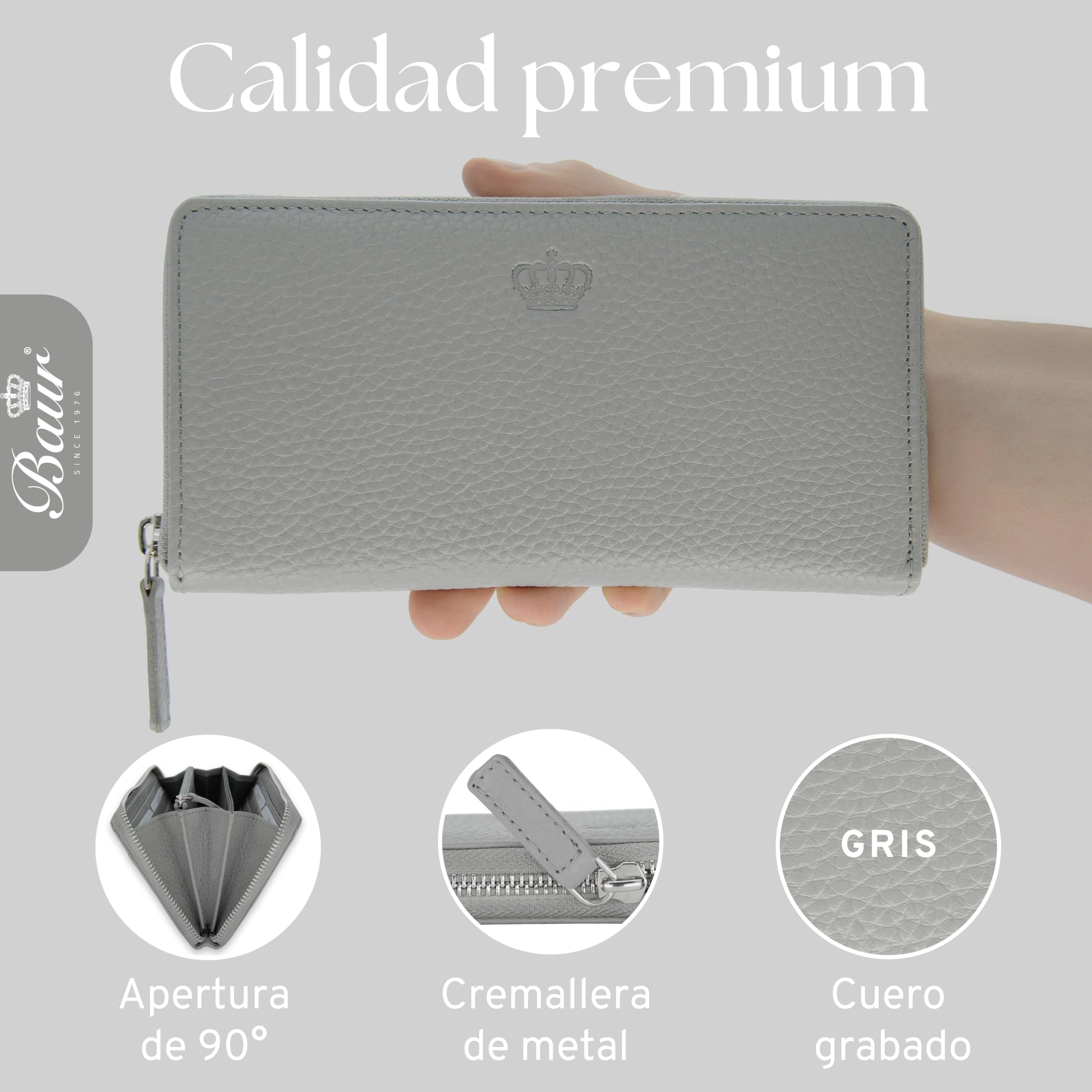 Baur - Cartera de piel auténtica para mujer | Cartera con protección RFID | Cartera grande con muchos compartimentos para tarjetas | Cremallera completa | Monedero para mujer, gris, 19,7x10x2,5 cm