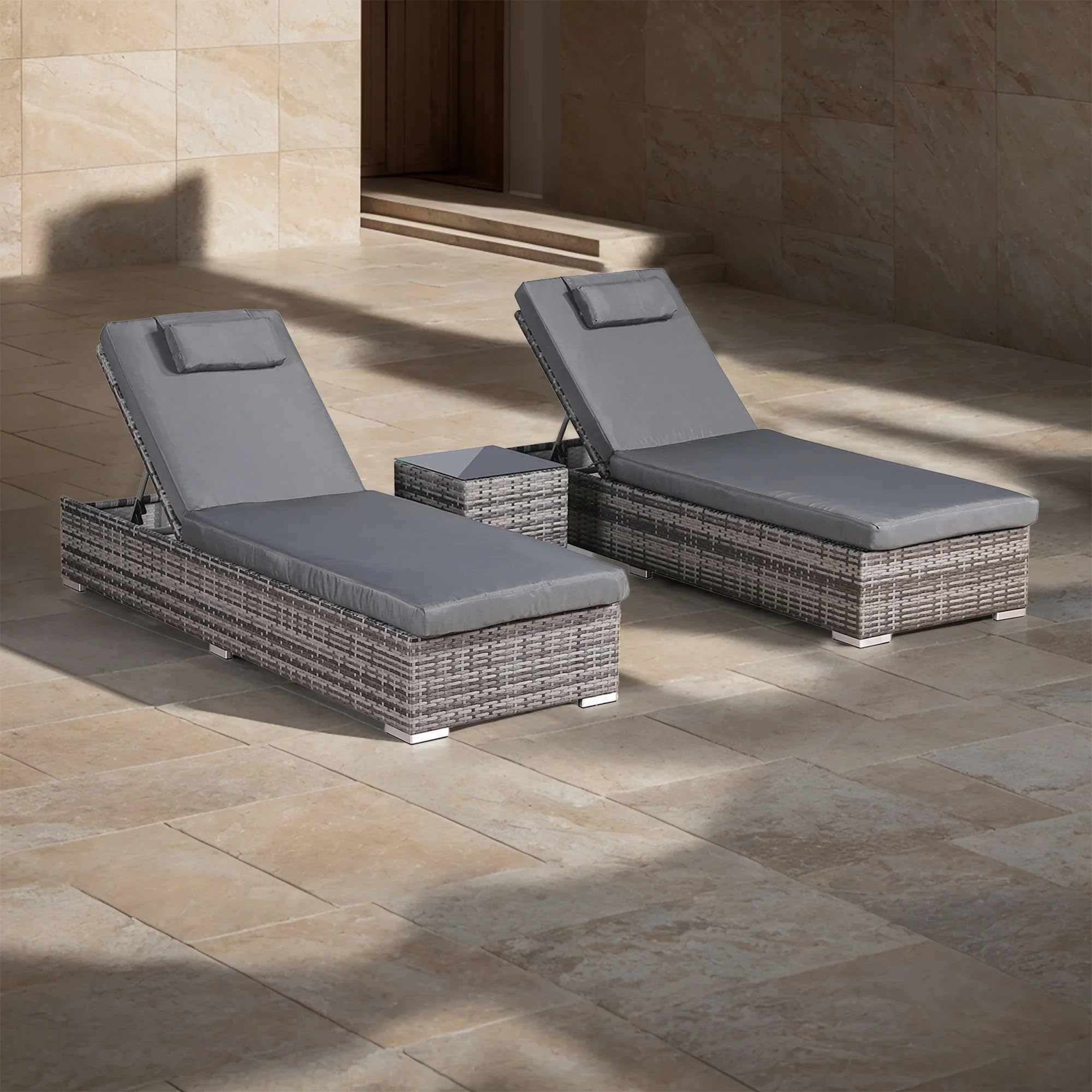 Club Rattan Harmony Sun Loungers with Side table in Grey Weave and Grey Cushions