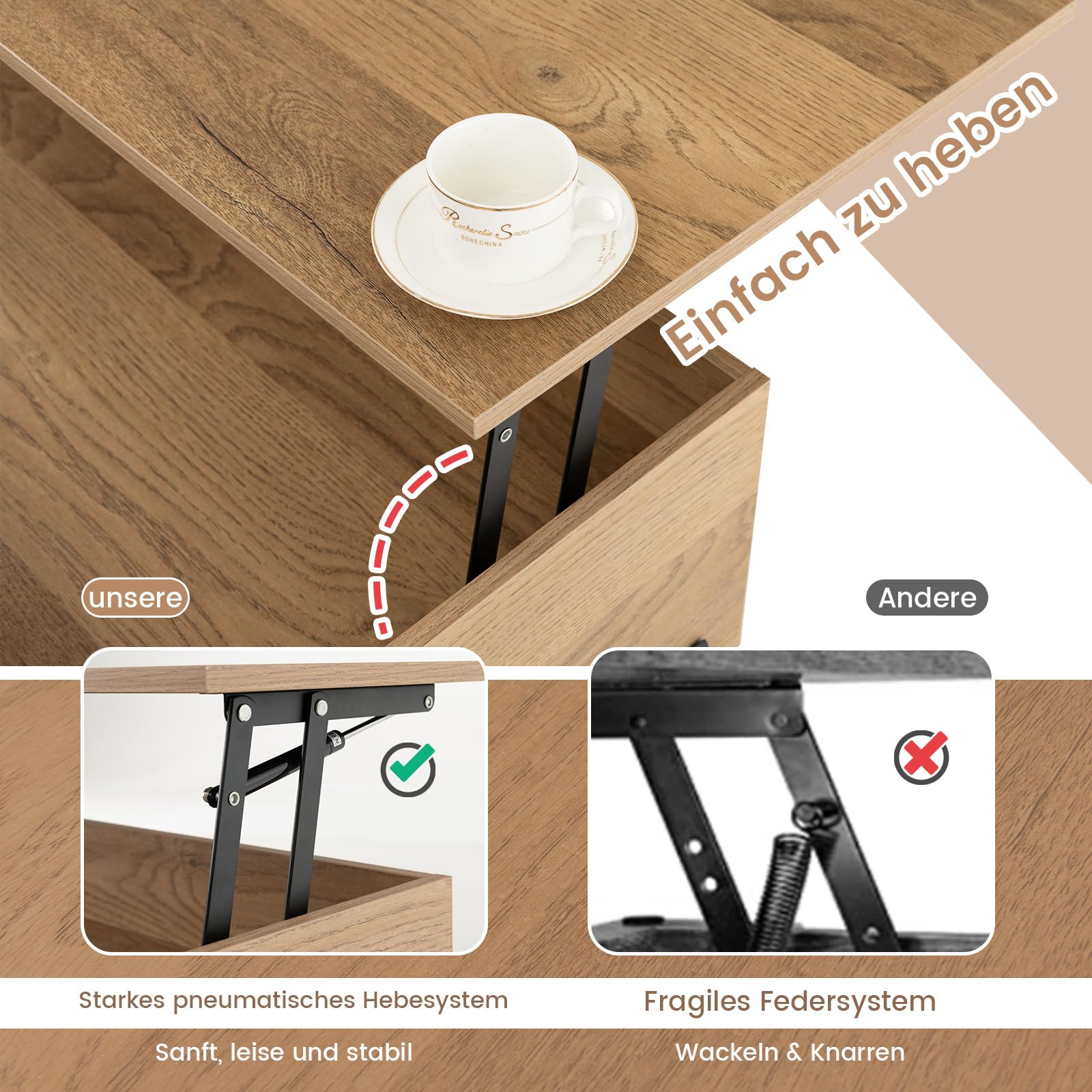 COSTWAY Couchtisch Höhenverstellbar, Beistelltisch mit anhebbarer Tischplatte & 3 offenen Fächern, Wohnzimmertisch aus Holz mit großem verstecktem Fach, Kaffeetisch für Wohnzimmer, Büro (Natur)