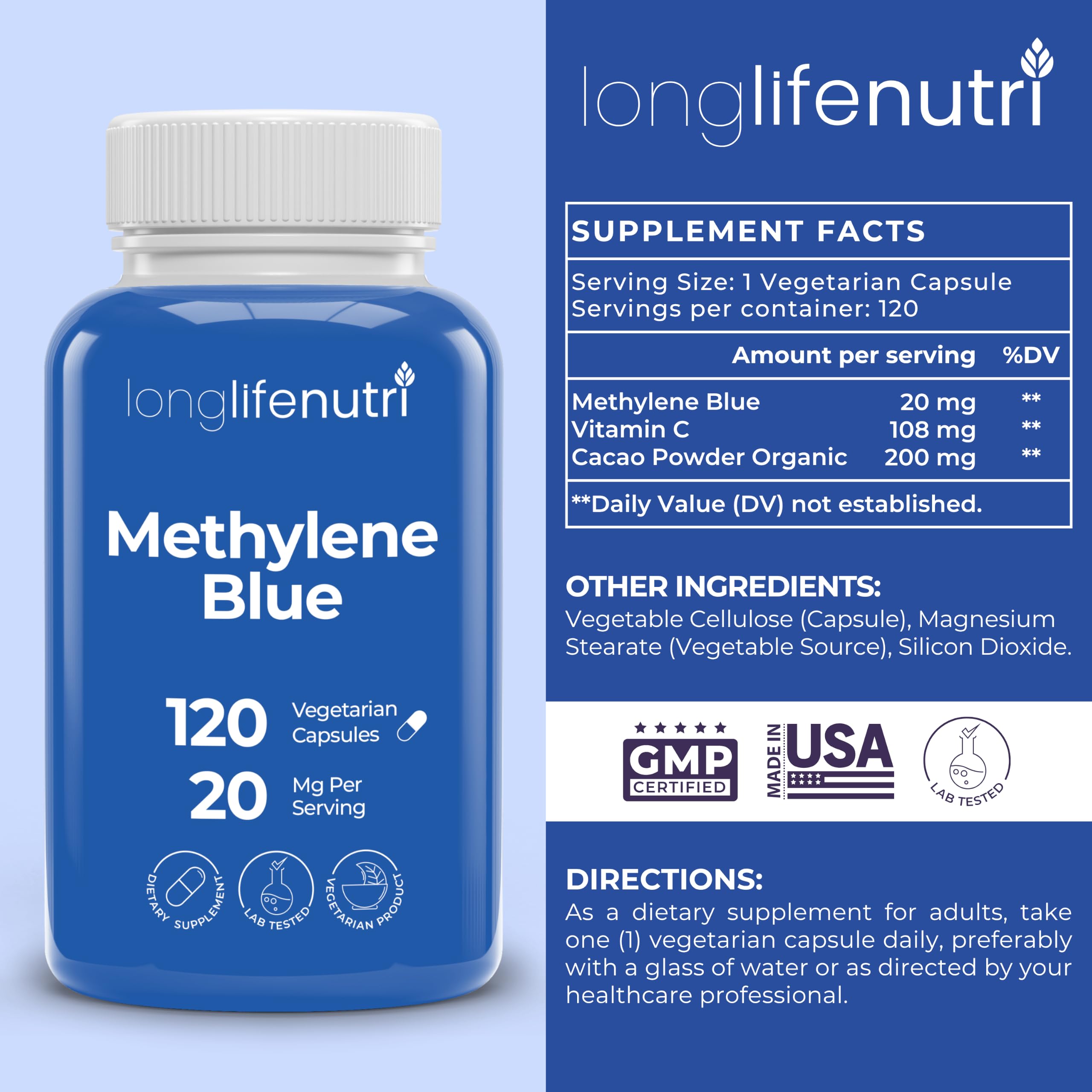 LongLifeNutri Methylene Blue 20mg, 120 Vegetarian Capsules, 4-Month Supply — Amazon image 2
