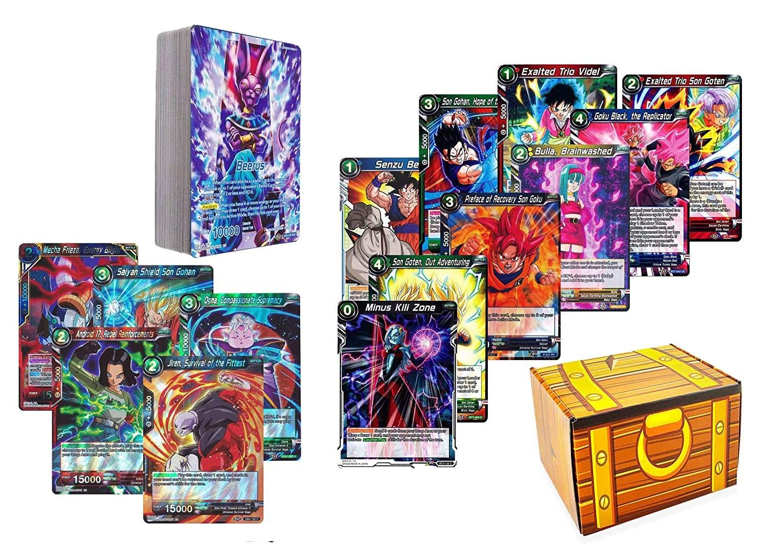 50 Dragon Ball Super Card Lot Featuring a Random Beerus Character Card! Includes a Golden Groundhog Treasure Deck Box! Toys