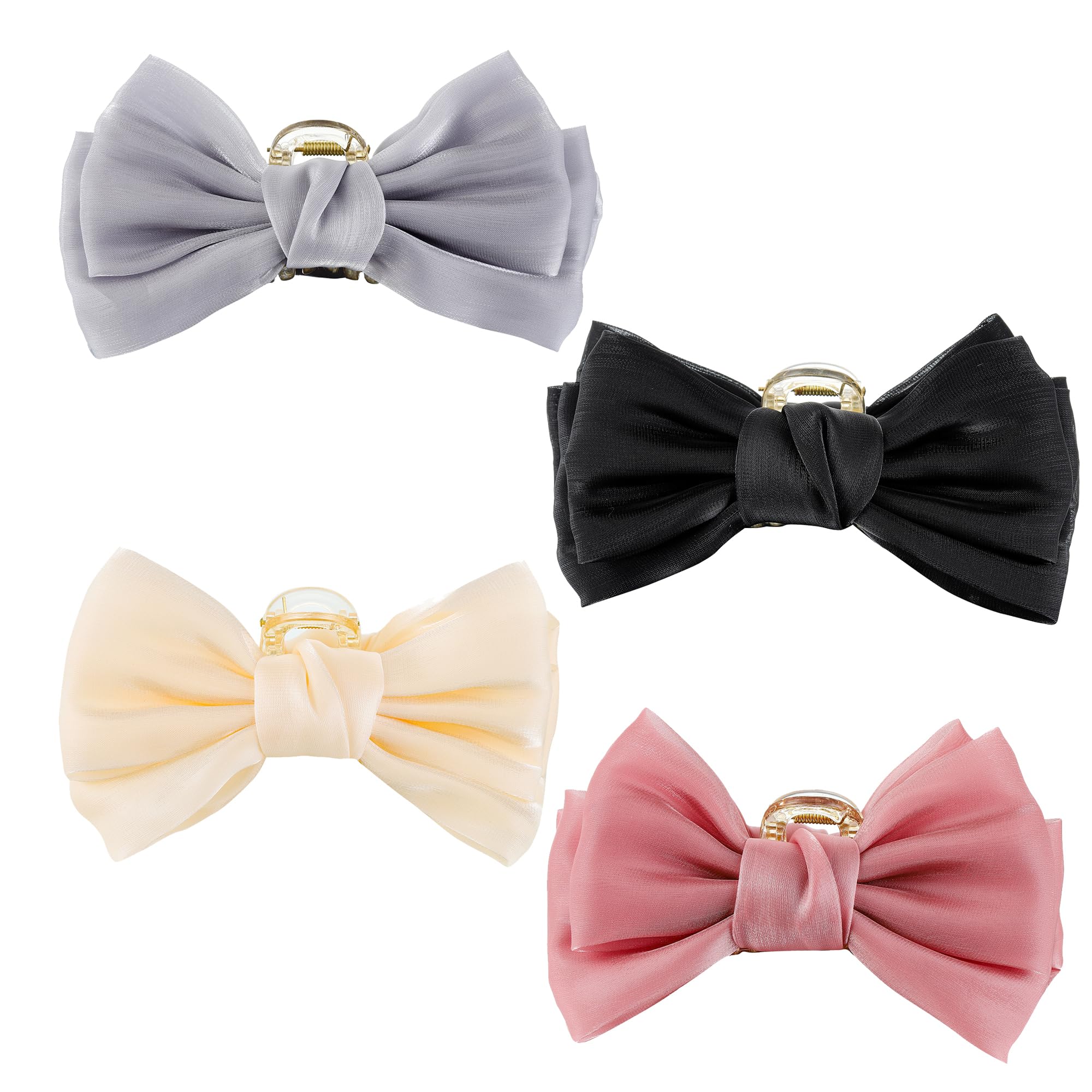 Textention Hair Clip Bows for Women Girls, Premium Gauze Bow-knot Hair Clips for Thick & Thin Hair, Nonslip, 4 Count - Black, Pink, Grey, Beige