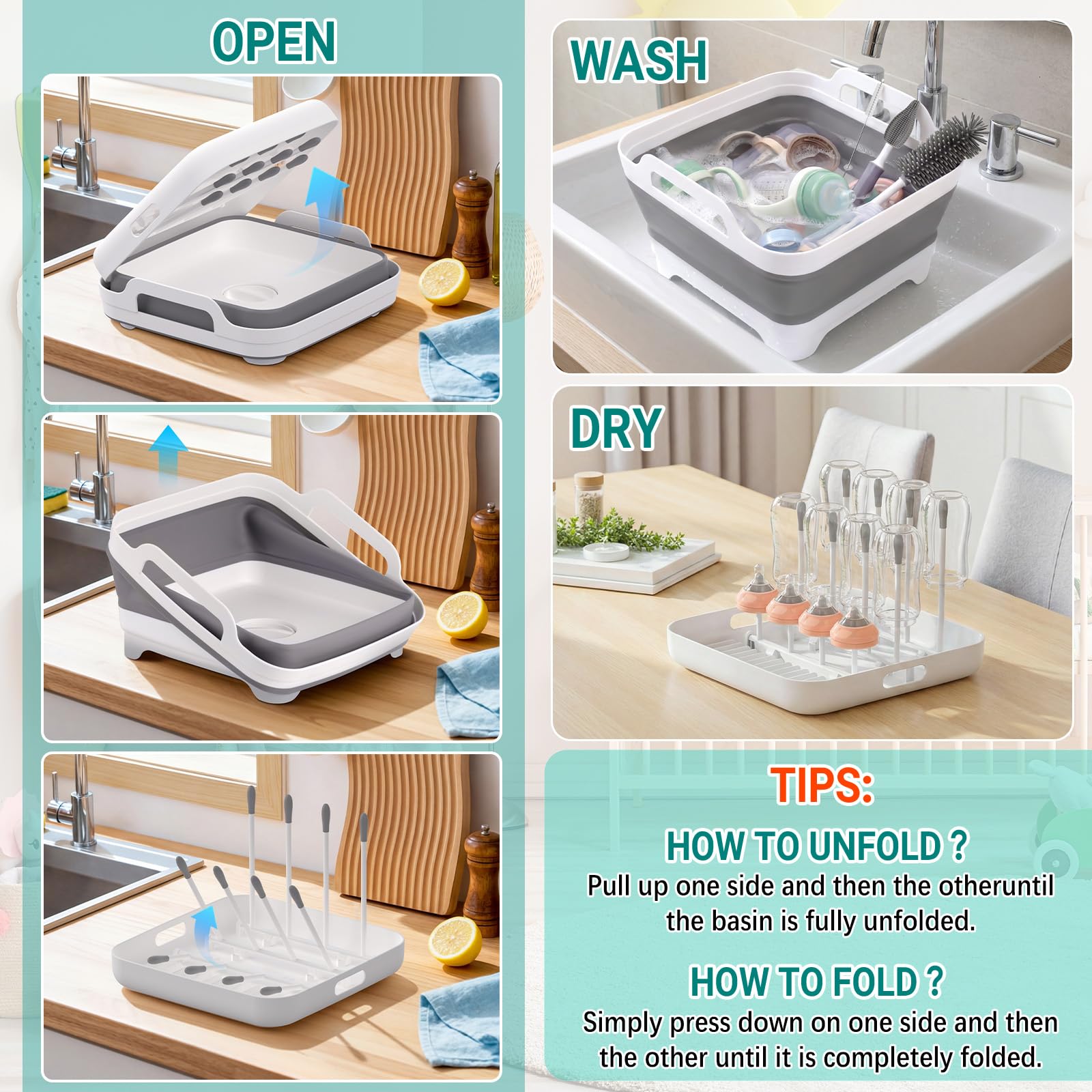 Yecuip Étendoir à linge pliable pour biberons – Évier à vaisselle pliable de 2,4 gallons – Évier de camping de caravane portable et couvercle peu encombrant pour la cuisine, les voyages et l'extérieur
