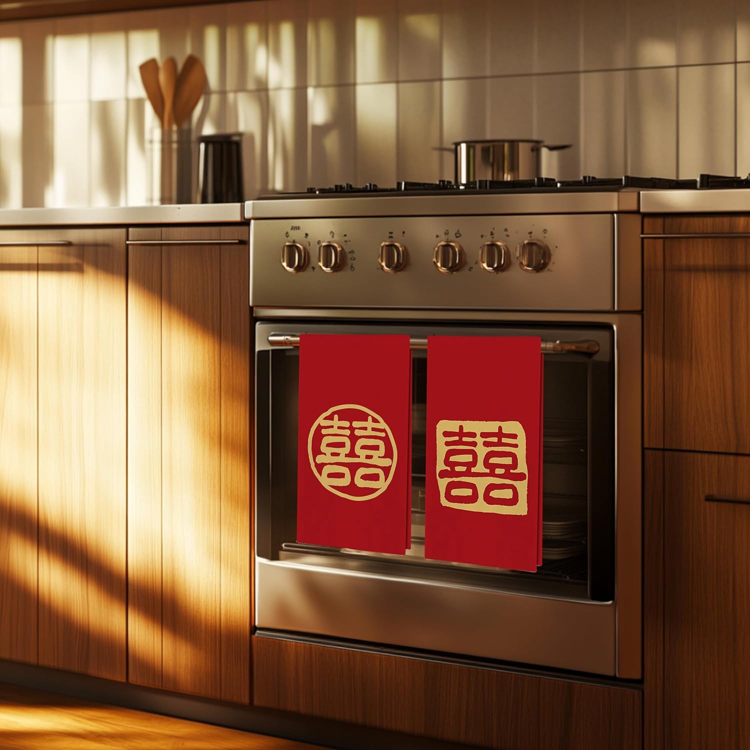Double Happiness Kitchen Towels Set - Chinese Traditional Wedding Decor, Traditional Chinese Wedding Gifts, Chinese Couple Gifts Hand Towels Dish Towels for Kitchen 16x24 Inch, Set of 2 - Image 4