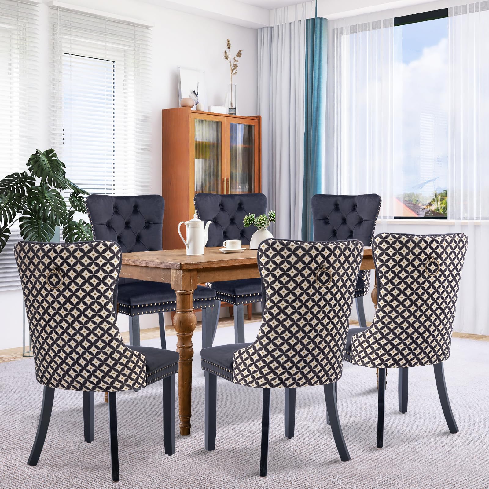 JETEAGO Velvet Dining Chair Set of 6, Upholstered Tufted Dining Room Chair with Nailhead Trim and Wood Leg for Kitchen, Black Plaid