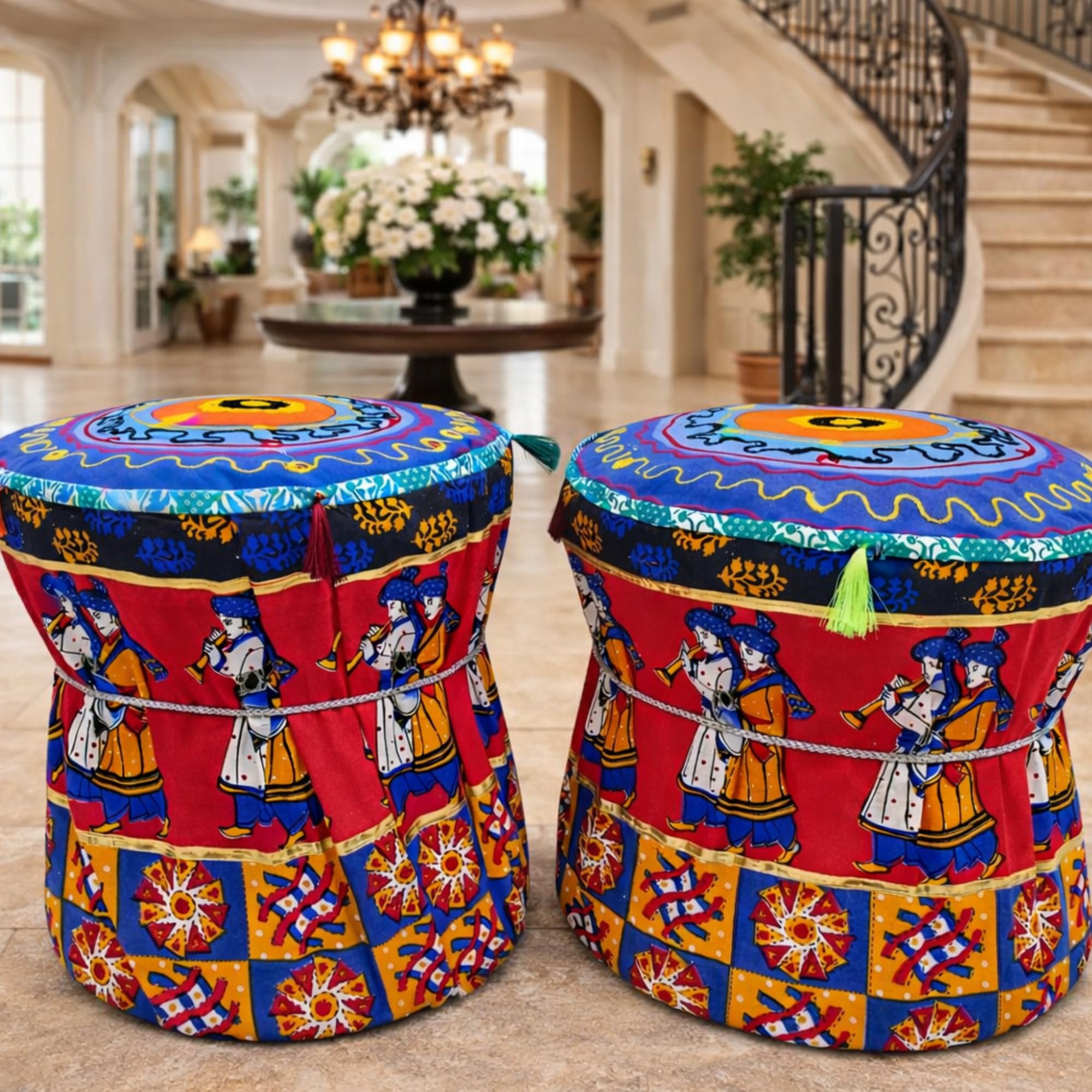 Red Traditional Folk Boho Pouffe Ottoman Mudda Cover Round Mandala Print Cotton Footstool Set of 2 Pieces Muda Cover ONLY-image-35