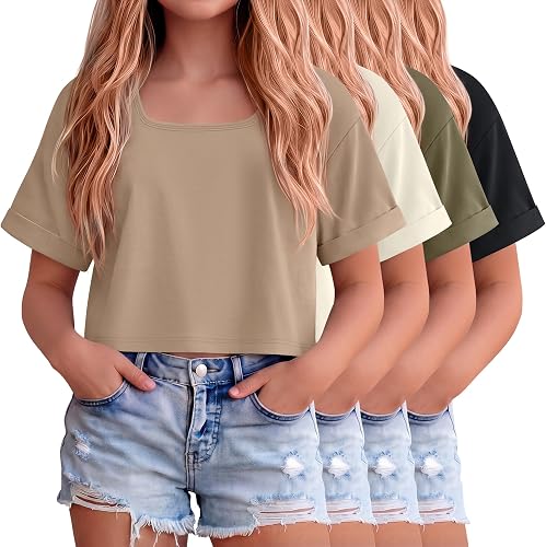 Oakgarden 4 Pack Girls Oversized Crop Tops Drop Shoulder Short Sleeve Casual Sum