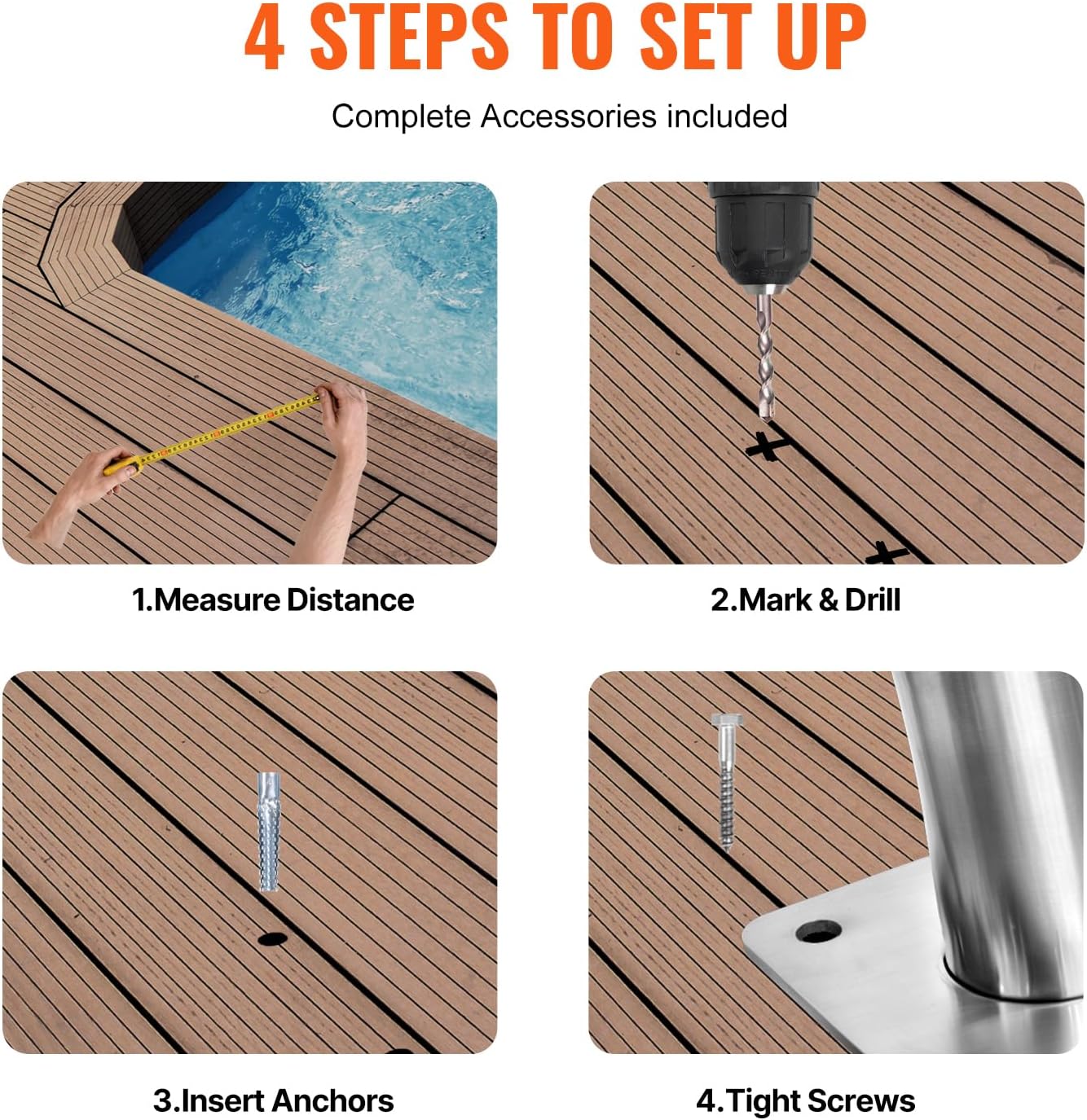 A four-panel diagram illustrating the installation steps for the VEVOR pool handrail: Measure Distance, Mark & Drill, Insert Anchors, and Tighten Screws.