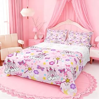 Princess Castle Bed Sheet 4 Piece,Watercolor Oil Paint Print Sheets Full Size Bed Set,Pink Girl Bow Bedding Set with Flat,Fitted Sheet,2 Pillow Cases
