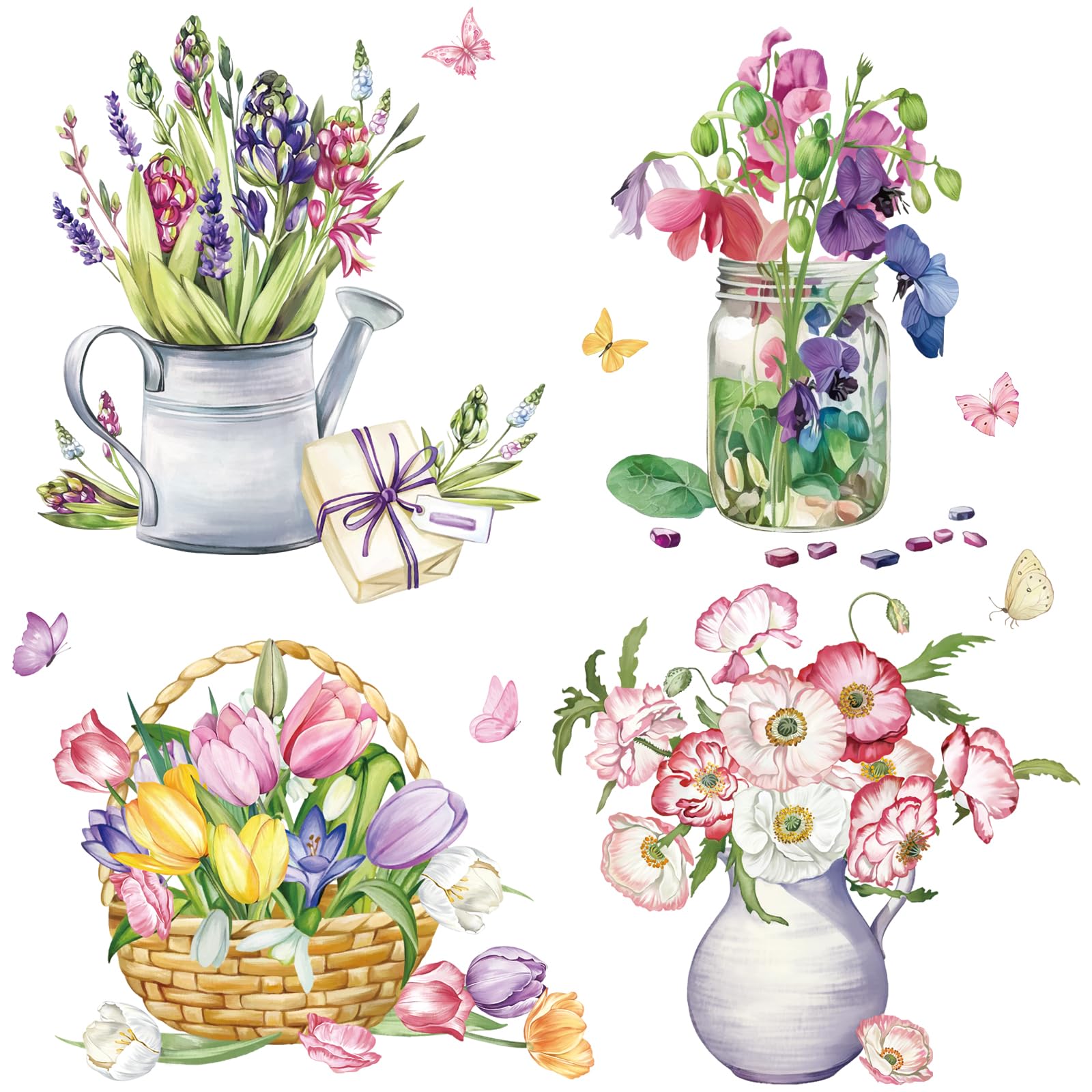 FUFUQUARE Watercolor Floral Potted Wall Decal Spring Butterfly Wall Sticker