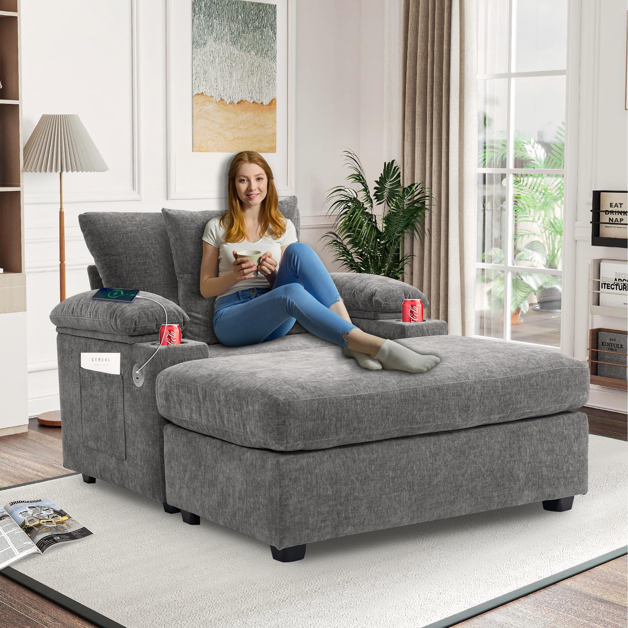 58 D Oversized Chaise Lounge Chair Indoor With Storage