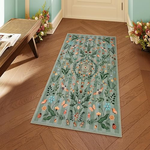 Lahome Washable Insect Botanical 2x4 Runner Rug Green Boho