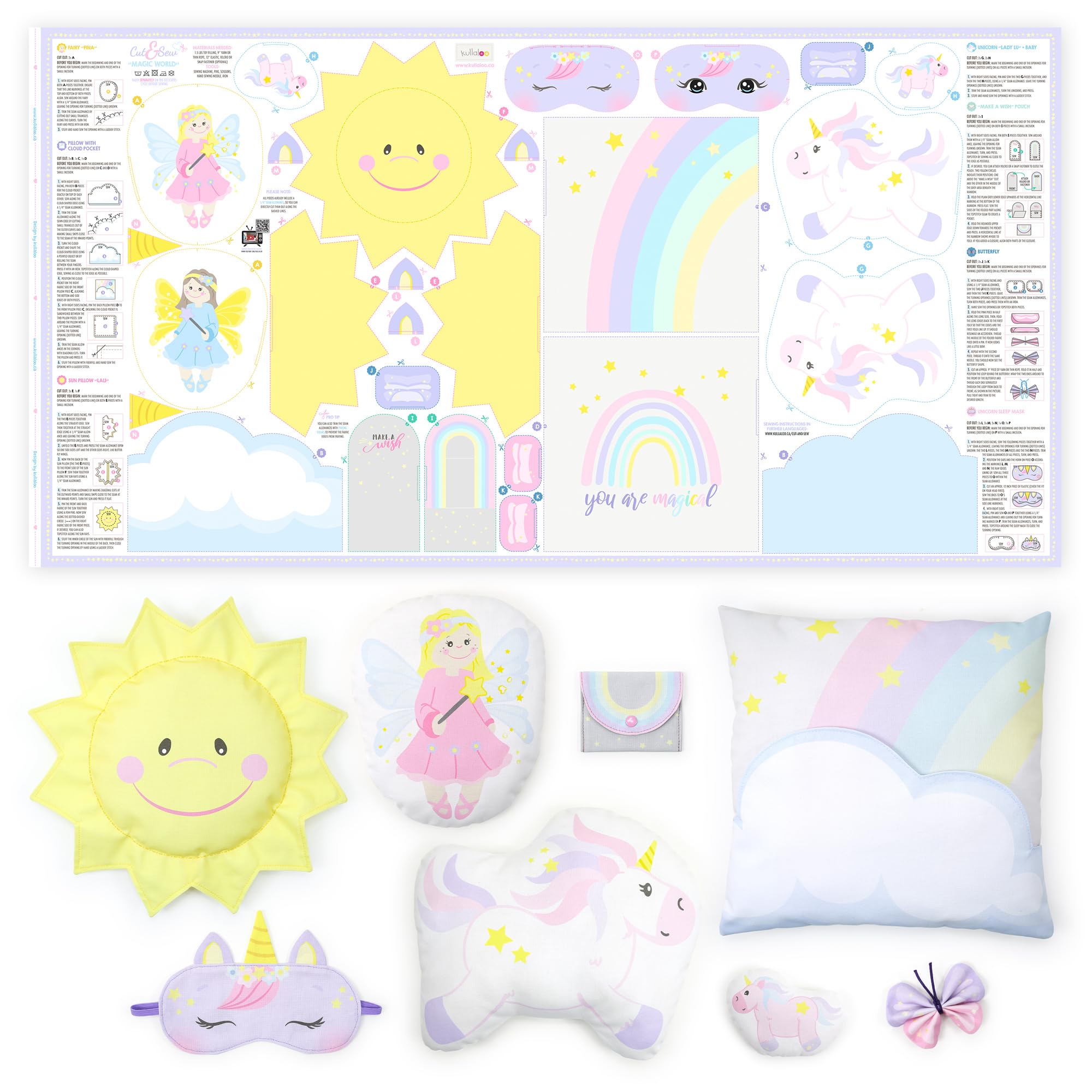 kullaloo Fabric Sewing kit for Beginners - with Video Instructions - Cut & Sew Fabric Panel with Unicorn and Fairy - DIY Carft for Girls (Magic World)