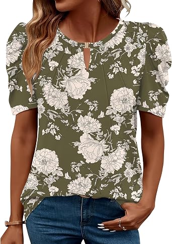 LUYAA Womens Summer Tops Dressy Casual V Neck Keyhole T Shirts Puff Short Sleeve Blouses