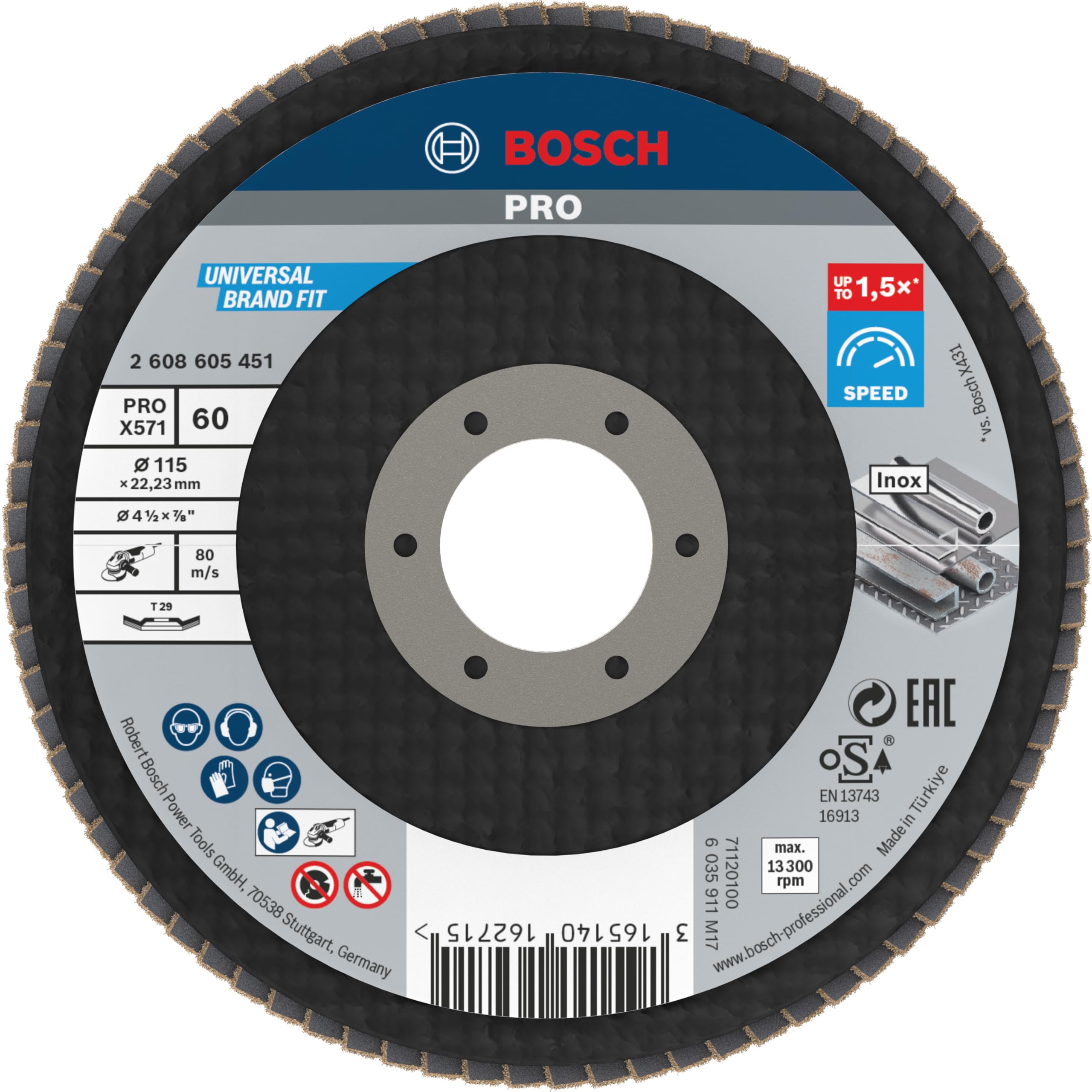 Bosch 1x PRO Metal X571 Flap Disc Angled Version Fiber for Small Angle Grinders (for Steel, Stainless steel, Ø 115 mm, Grit 60, Professional Accessory Small Angle Grinder)