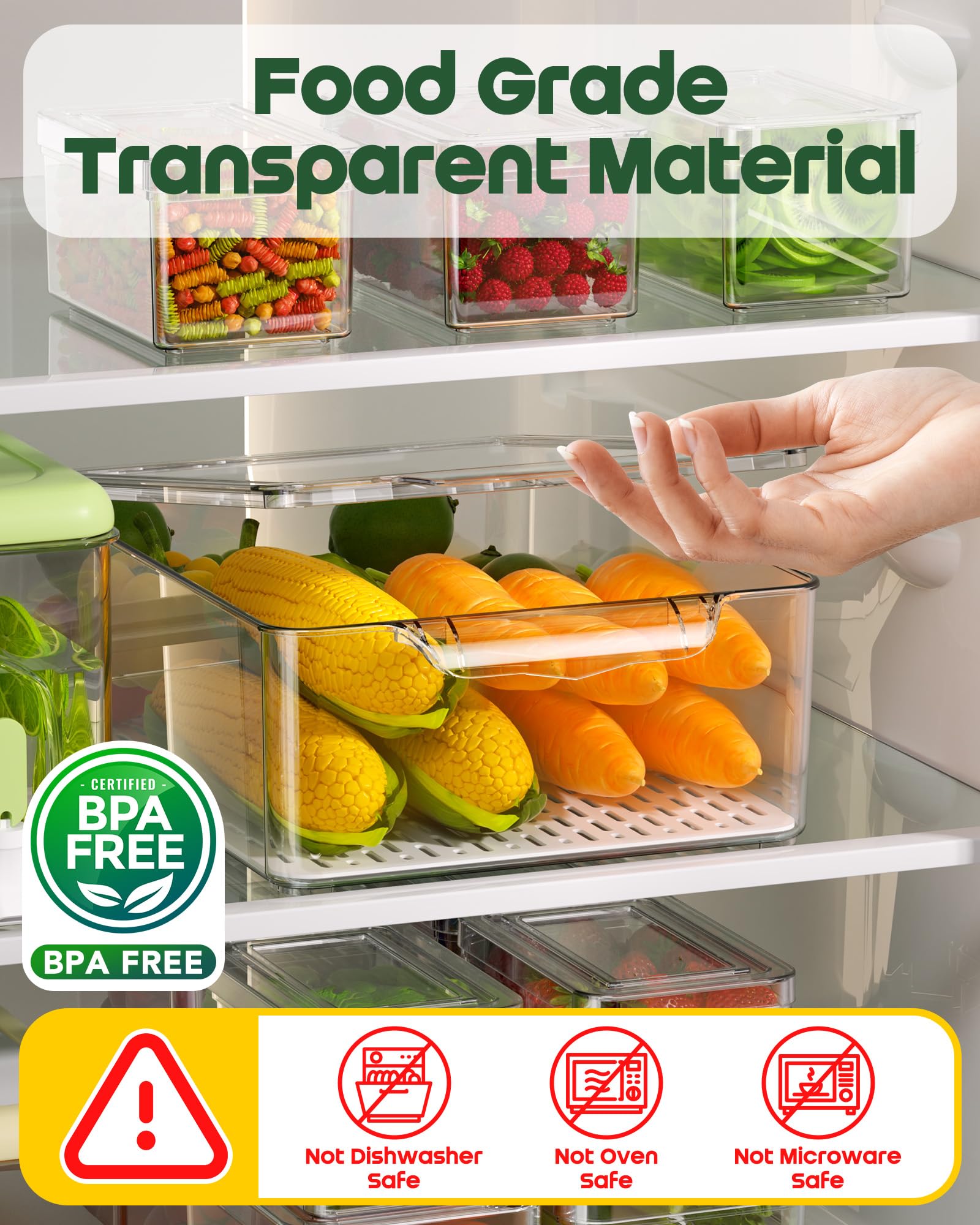 KEMETHY Paquete de 11 contenedores organizadores de tereftalato de polietileno transparente (PET), contenedores de almacenamiento de frutas sin BPA para refrigerador
