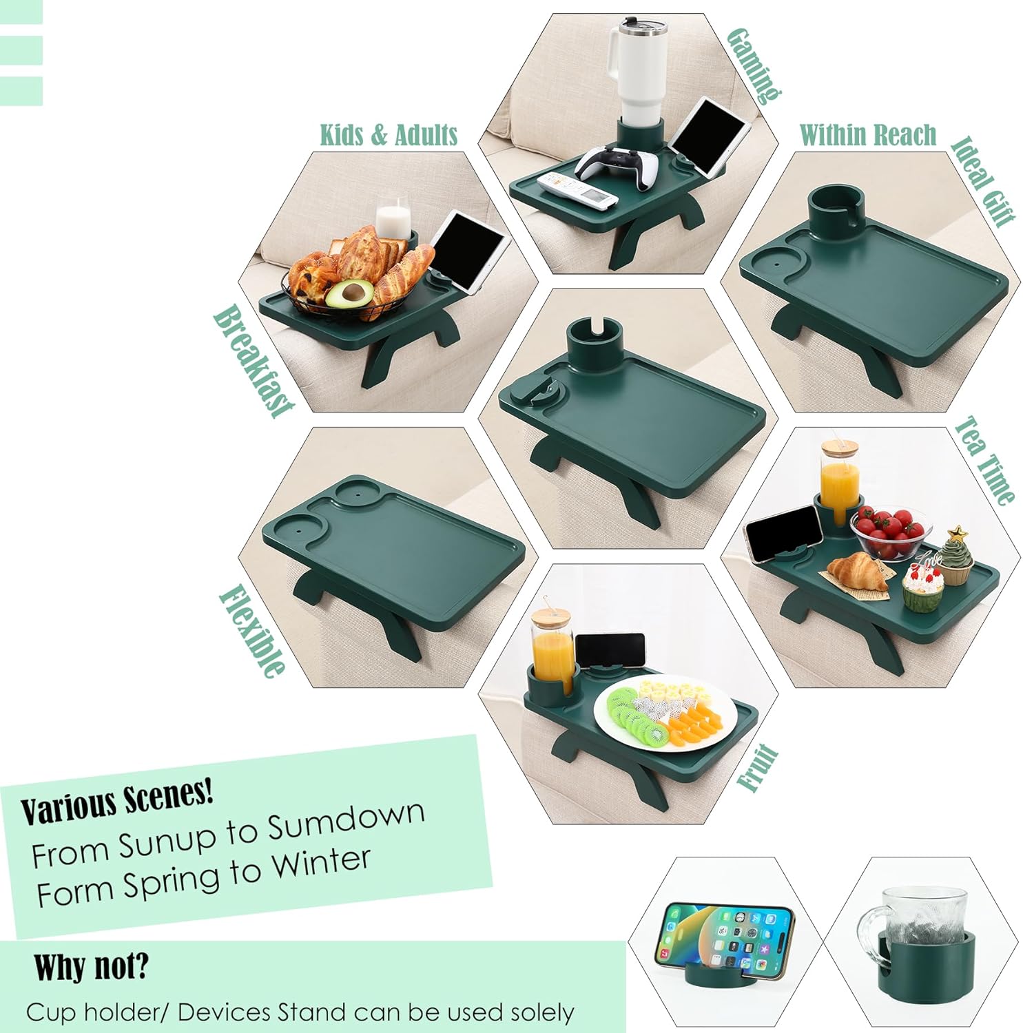 Nnewvante Couch Arm Table,3 in 1 Large 15.36"x9.85" Bamboo Sofa Arm Clip on TV Tray Table with 360°Rotated Phone/Cup Holder, Dark Green