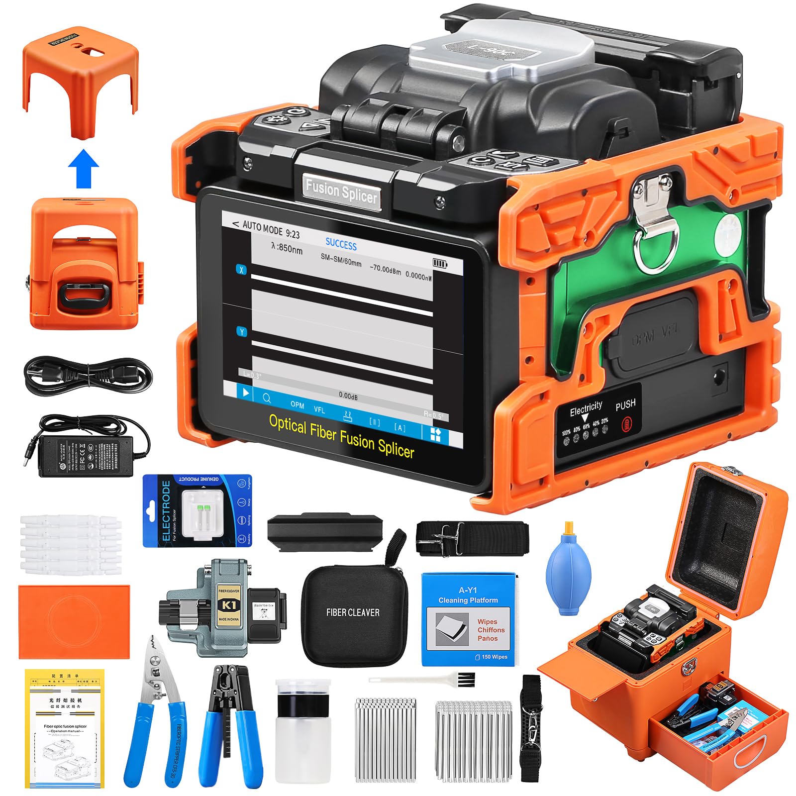 Fiber Optic Fusion Splicer L-90C 6 Motor FTTH Welding Splicing 8S Heating 18S 180° 5" Flip Touch Screen Core Alignment Fusion Splicer SM&MM Fiber Optic Cable Splicing Machine