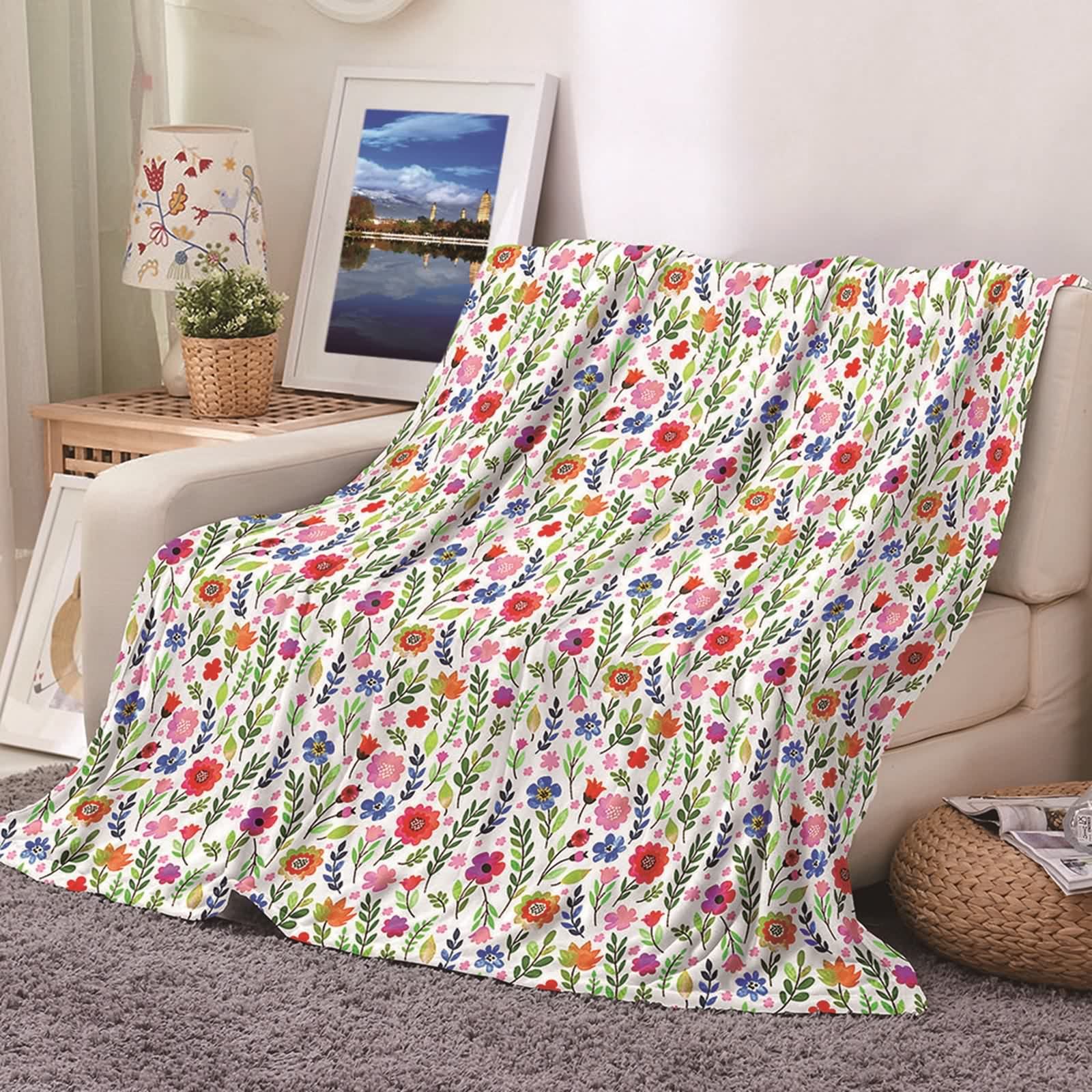 Couverture de lit douce et confortable en flannel KnSam avec imprimé feuilles colorées
