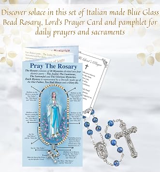 Trendzeen How To Pray The Rosary Pamphlet - Italian Made Blue Glass Prayer Beads, The Lord's Prayer Card - Catholic Pray The Rosary Booklet for Daily Prayers, Baptism, Confirmation
