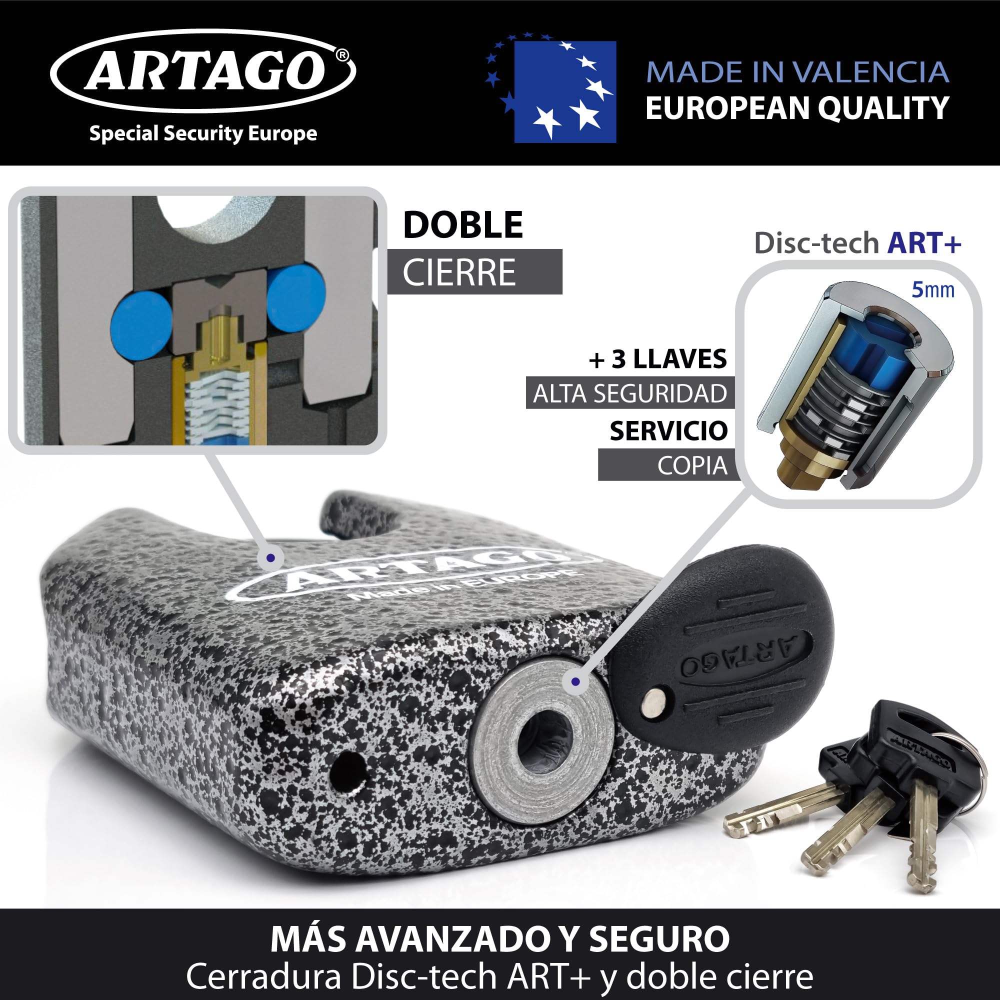 Artago 68T/B Candado Máxima Seguridad ø15mm, BUNKER SELECTION, Homologado Sold Secure Gold, Monoblok, Cerradura con Llave de Alta Seguridad, Combinable con Puerta Exterior, Cadena Grande, Contenedor