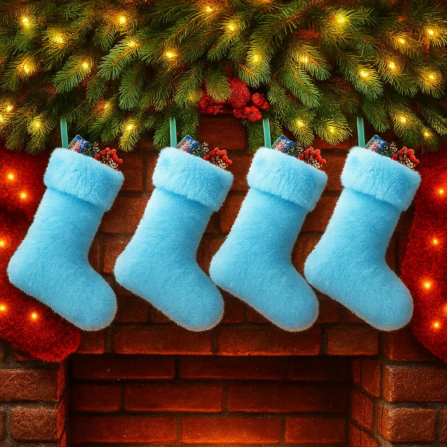 JOVITEC 4 Pieces 20 Inch Christmas Stockings Faux Fur Snowy Christmas Stockings Xmas Fireplace Hanging Stocking Candy Gift Bags for Holiday Decorations (Vivid,Blue)