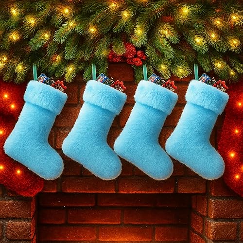 JOVITEC 4 medias de Navidad de piel sintética de 20 pulgadas, calcetines de nieve para colgar en la chimenea para decoración de vacaciones (azul)