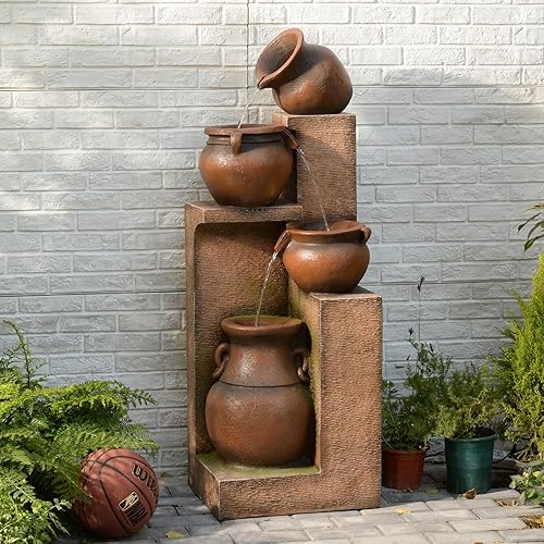 Fuente de agua para patio de 53 pulgadas de alto, las 4 fuentes de jardín y cascadas modernas en cascada con luces cálidas para porche, terraza,
