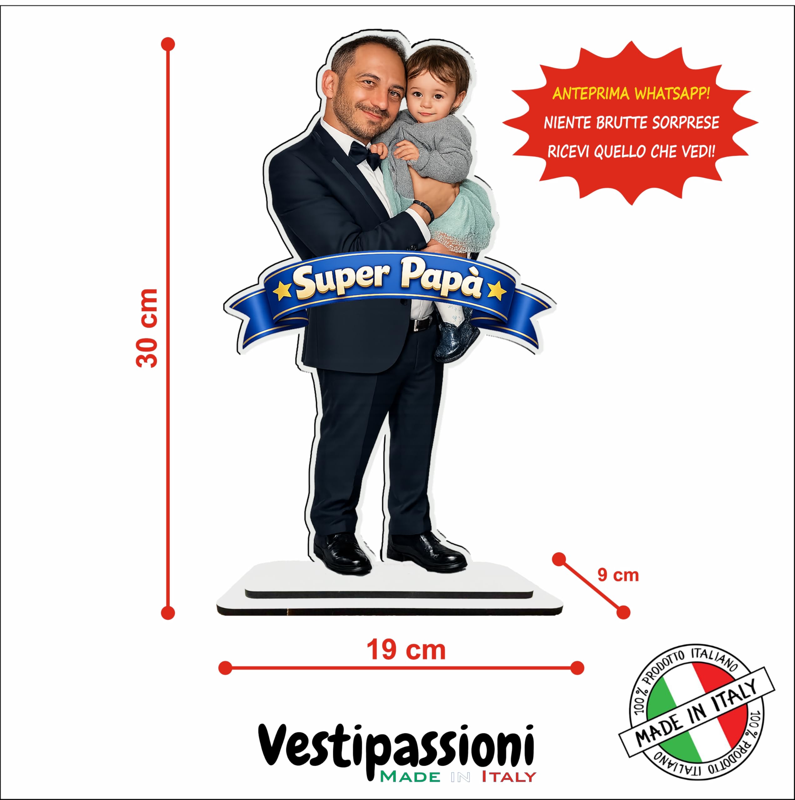 Statuina Personalizzata con Foto in MDF 6 mm – Altezza 30 cm – Regalo Festa del Papà Originale e Personalizzato – Riproduzione Realistica da Foto – Made in Italy – Anteprima Prima della Stampa