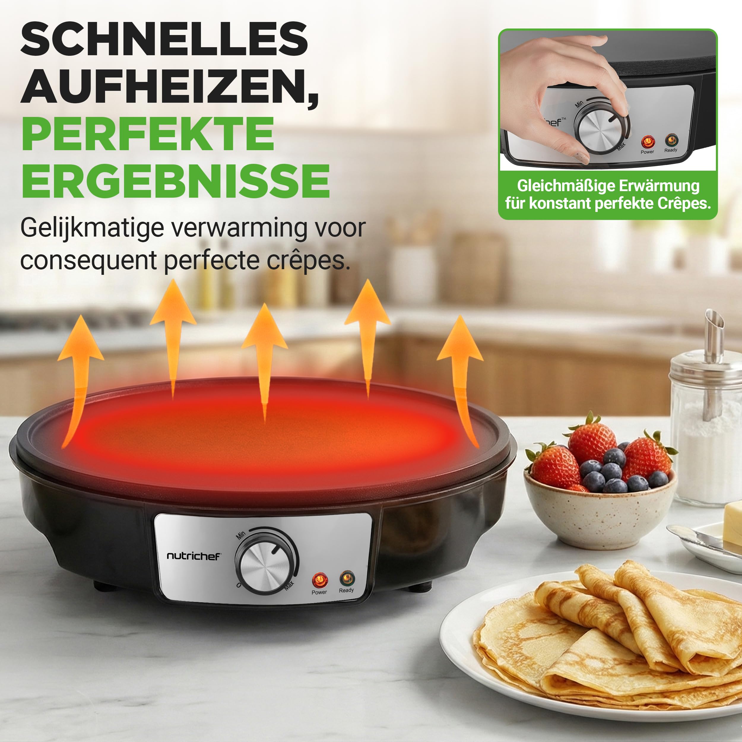 NutriChef Crepe Maker 30 cm elektrisch – Antihaft Platte mit Temperaturregelung, Teigverteiler und Spatel, Schwarz