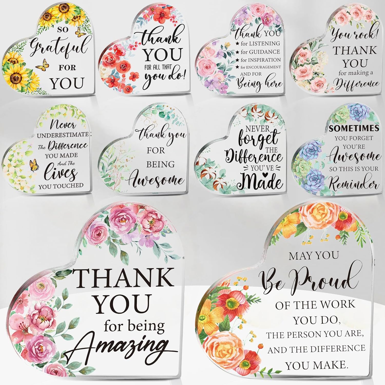 Barydat 10 Pcs Thank You Gifts for Employee Coworker Appreciation Gifts Acrylic Heart Award Plaque Paperweight for Women Men Office Home Table Centerpiece
