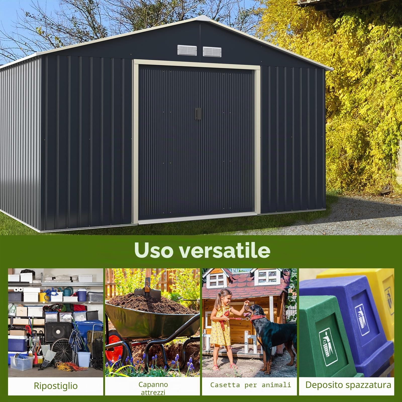 HOMASIS Casetta da Giardino in Metallo, Casetta Porta Attrezzi da Giardino con 2 Finestre di Ventilazione e 2 Porte Scorrevoli, Capanno da Giardino con Tetto a Falde, Grigio, 340 x 255 x 210cm