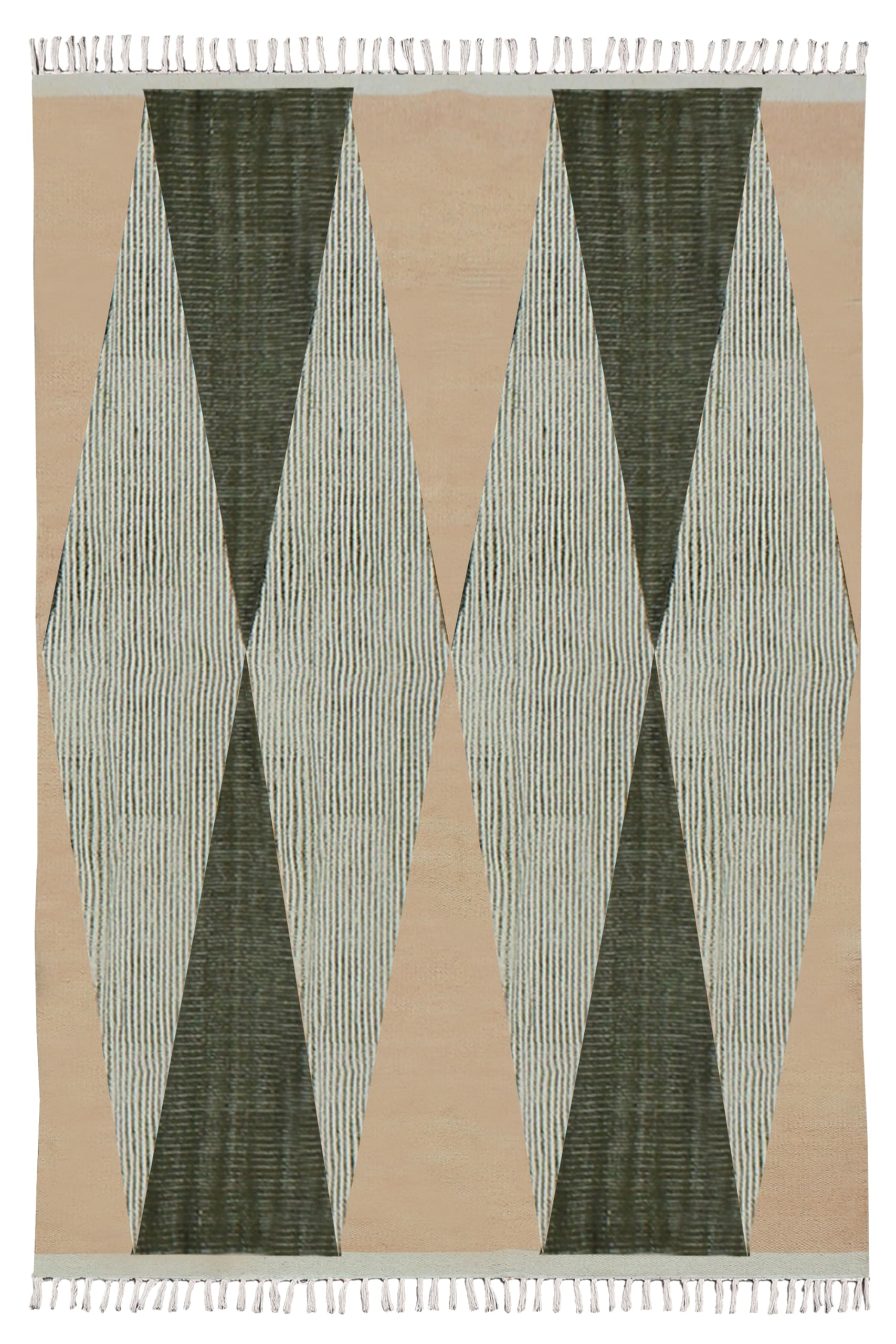 Alfombra de pasillo bohemia de 2.6x4 pies en algodón beige y verde de tejido plano
