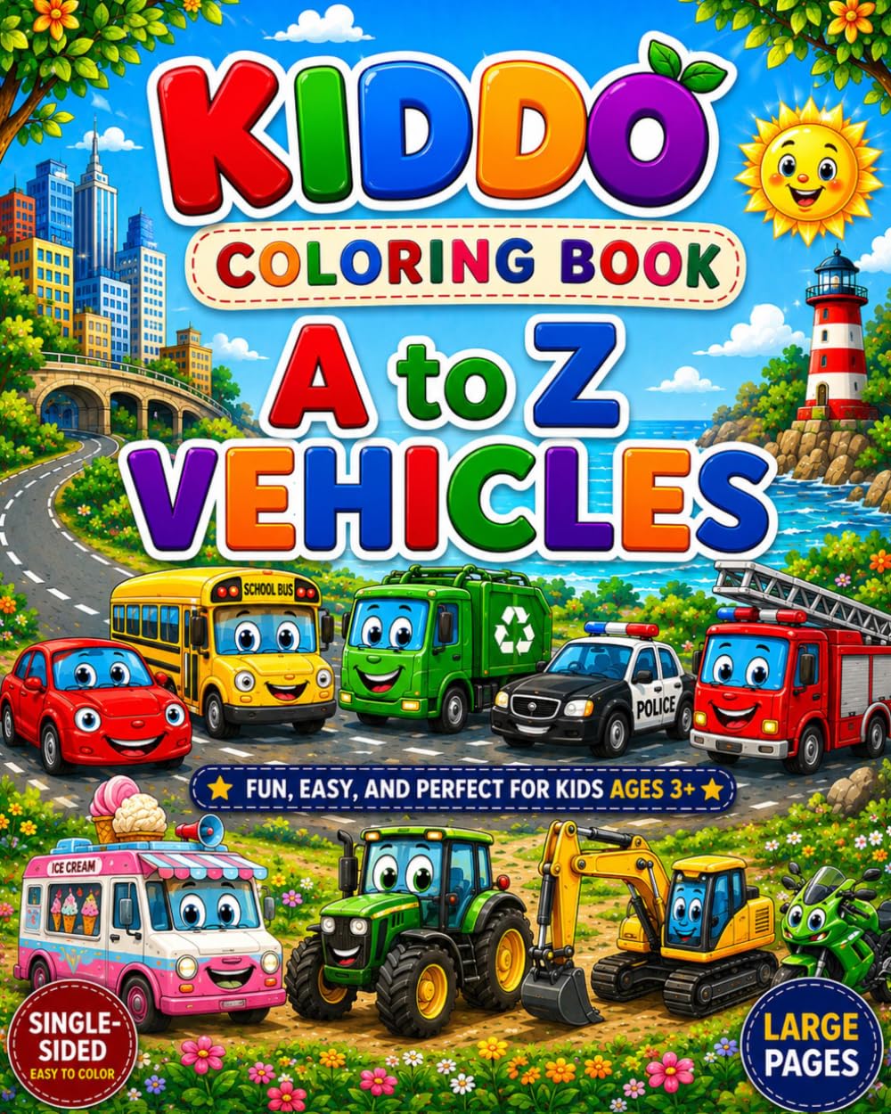 A to Z Vehicles Coloring Book for Kids Ages 3-8: Learn the Alphabet with Cars, Trucks, Tractors, Buses, Helicopters, and More | Easy Bold Coloring ... and Preschoolers (Kiddo Coloring Books)