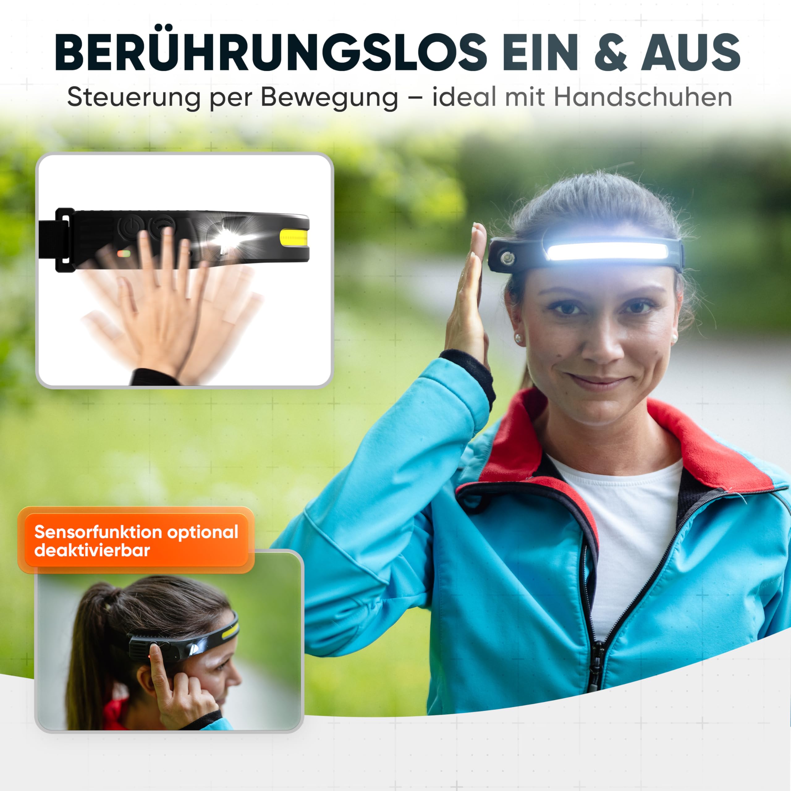 Stirnlampe LED Wiederaufladbar, Kopflampe,USB C Extrem Hell, 4 Lichtmodi 230 Grad Bewegungssensor IPX4 Wasserdicht Leicht 45g, für Wandern Joggen Laufen Angeln (Packung mit 2)
